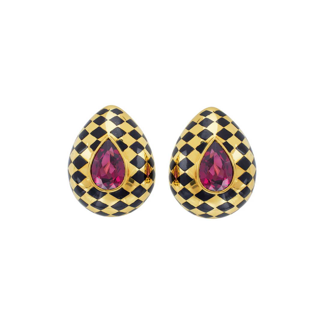Vintage Gold, Garnet and Black Jade Earclips