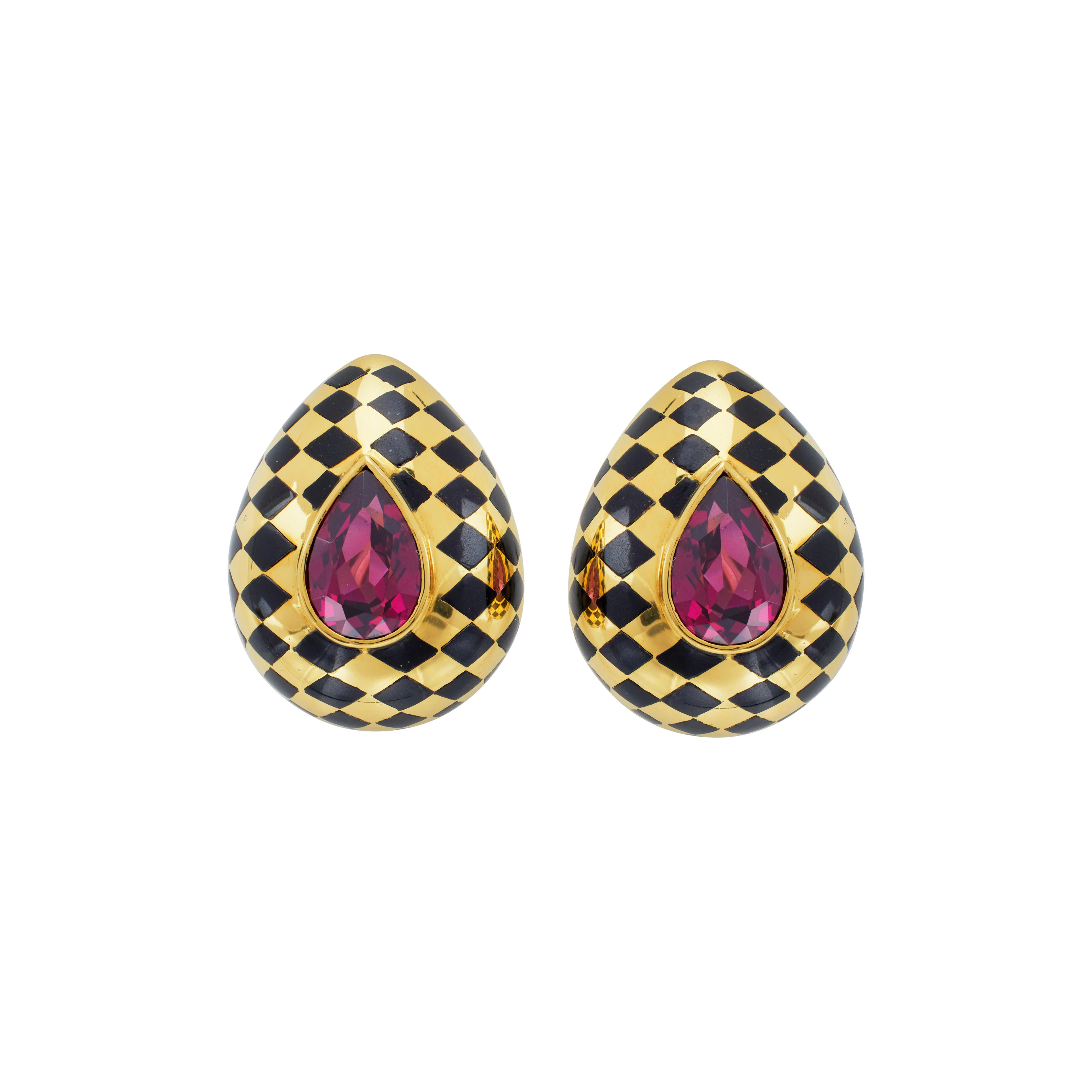 Vintage Gold, Garnet and Black Jade Earclips