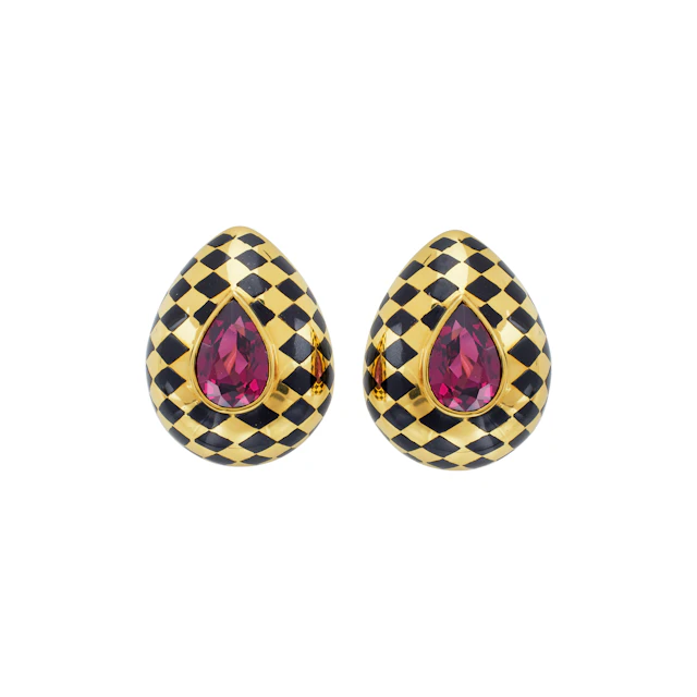Vintage Gold, Garnet and Black Jade Earclips
