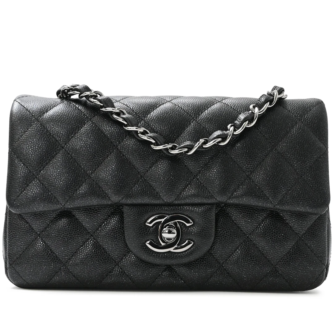Black Quilted Caviar Mini Rectangular Flap Bag Silver Hardware
