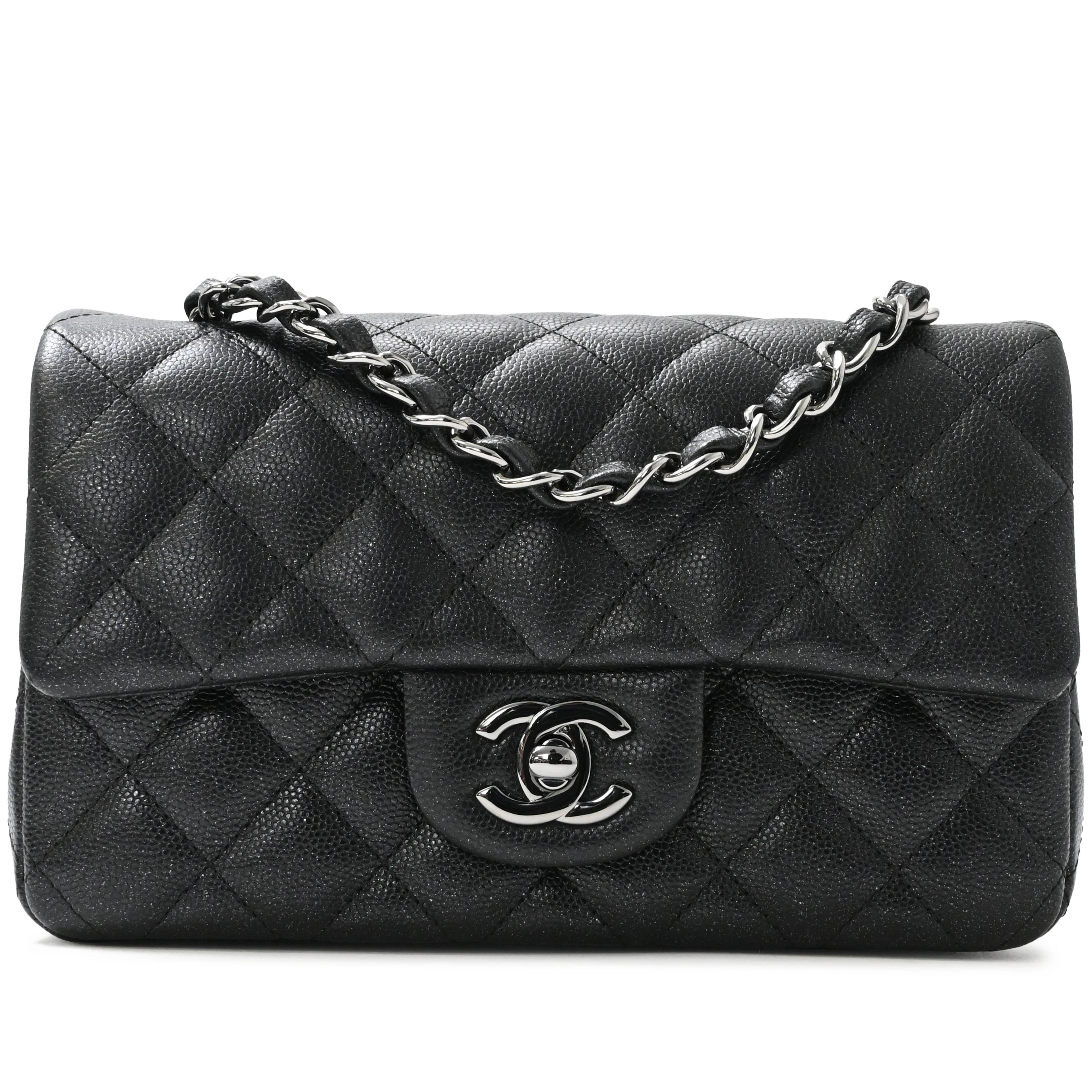 Black Quilted Caviar Mini Rectangular Flap Bag Silver Hardware