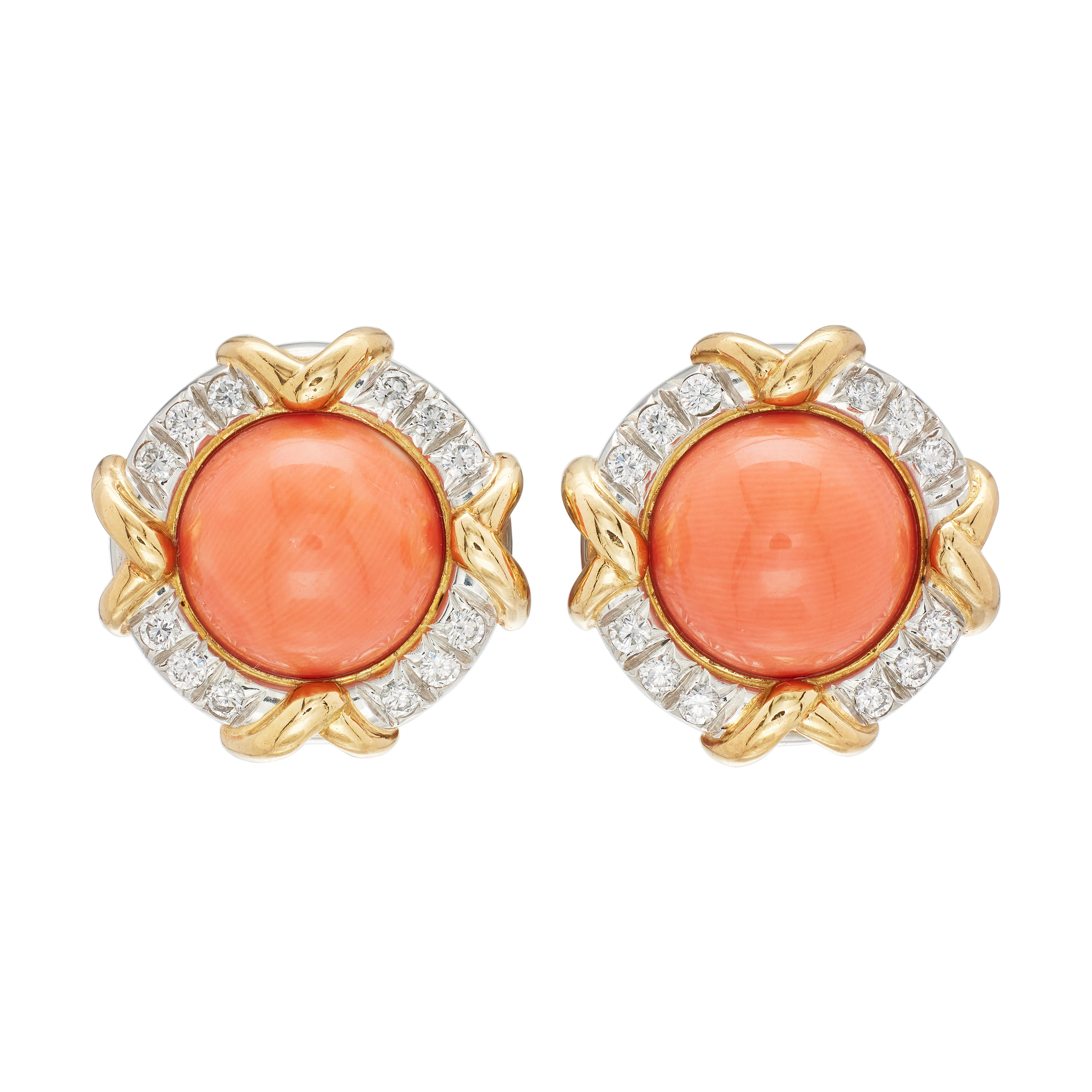 Vintage Platinum, Gold, Coral and Diamond Earclips