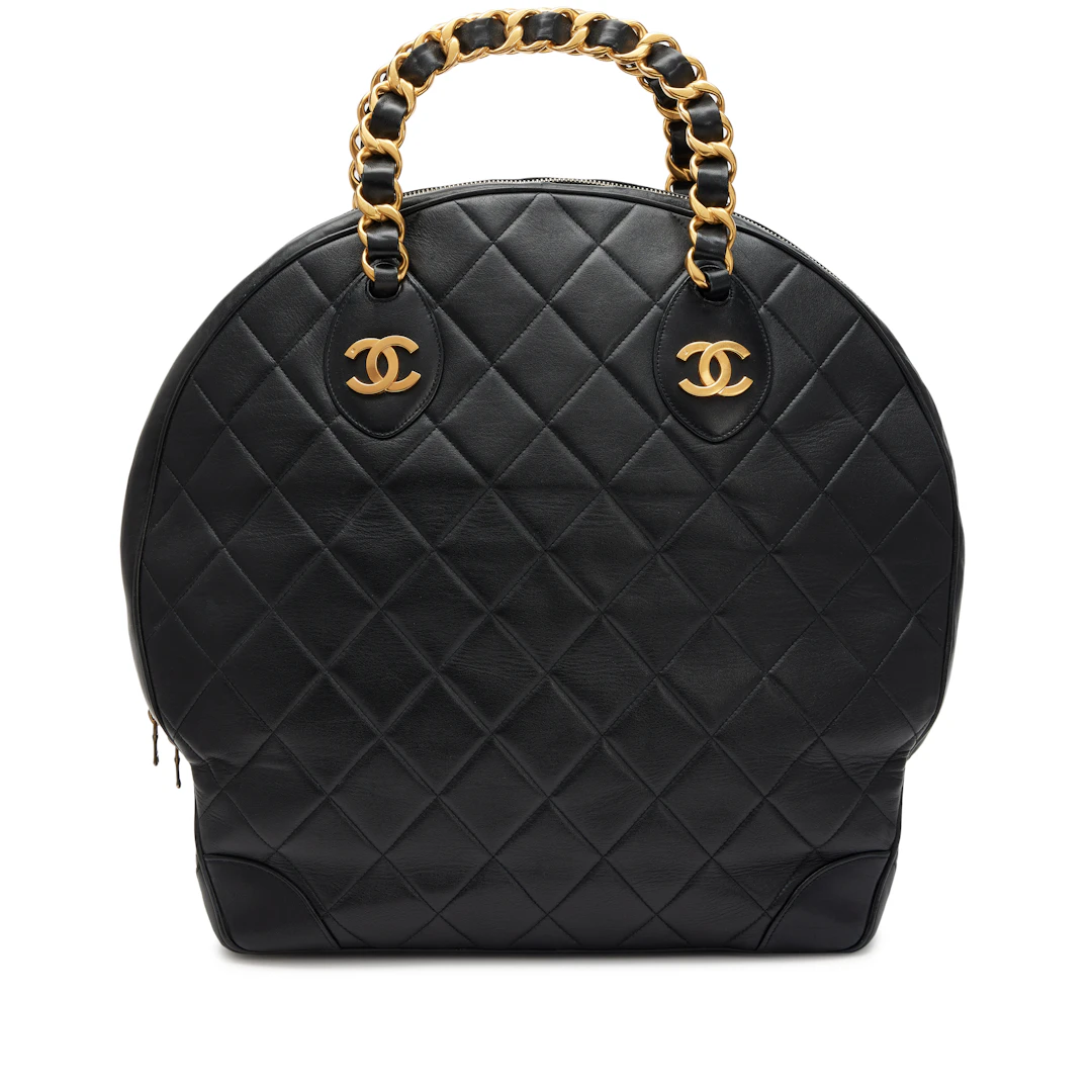 Vintage Black Quilted Lambskin Woven Chain Handle Bowler Bag Gold
