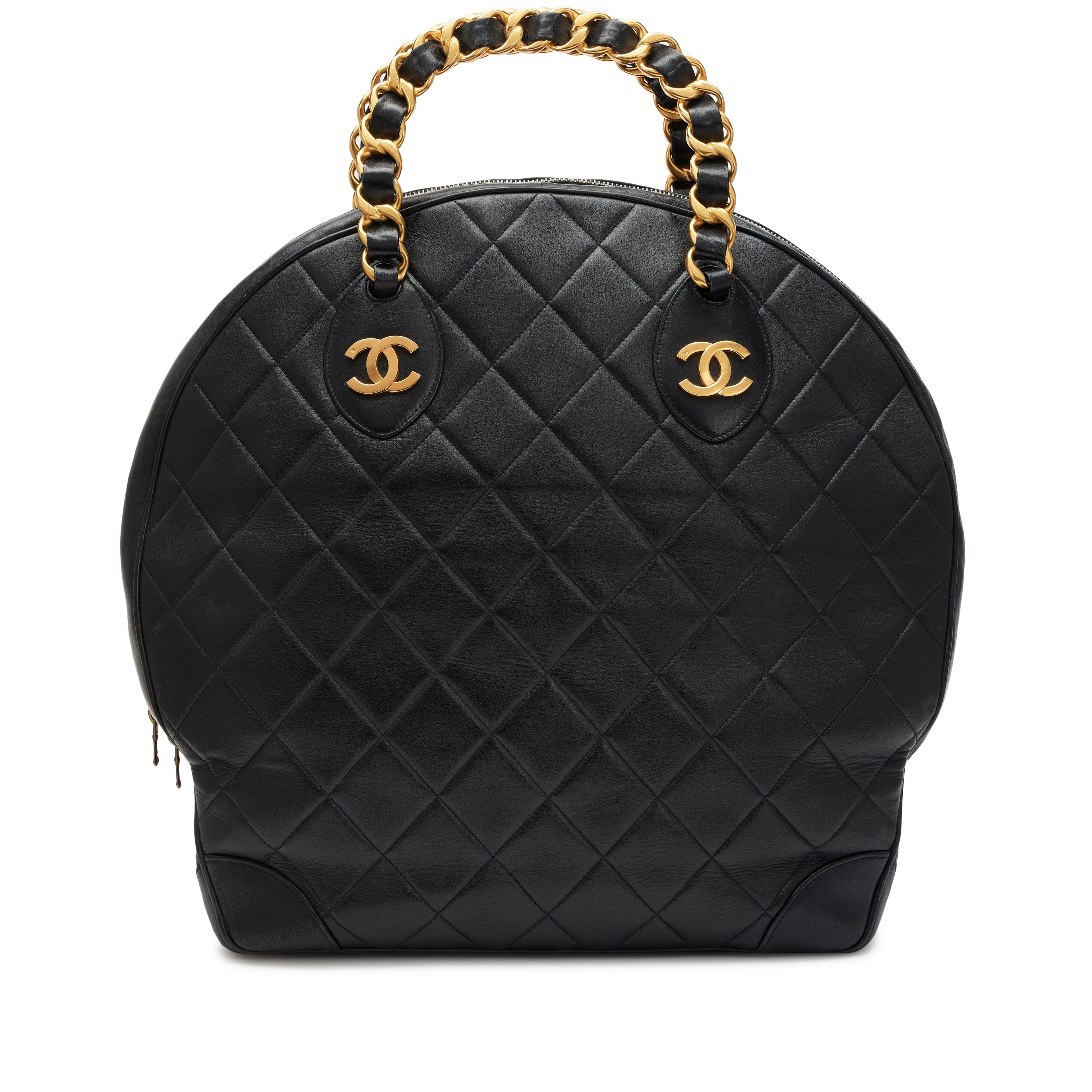 Vintage Black Quilted Lambskin Woven Chain Handle Bowler Bag Gold
