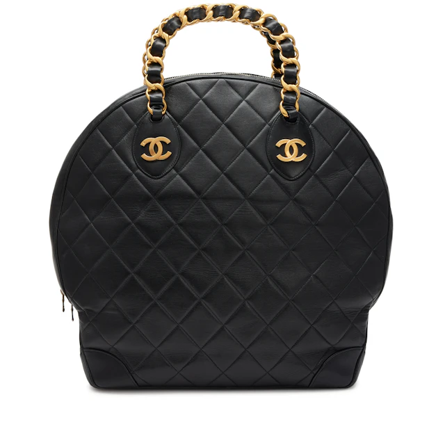 Vintage Black Quilted Lambskin Woven Chain Handle Bowler Bag Gold
