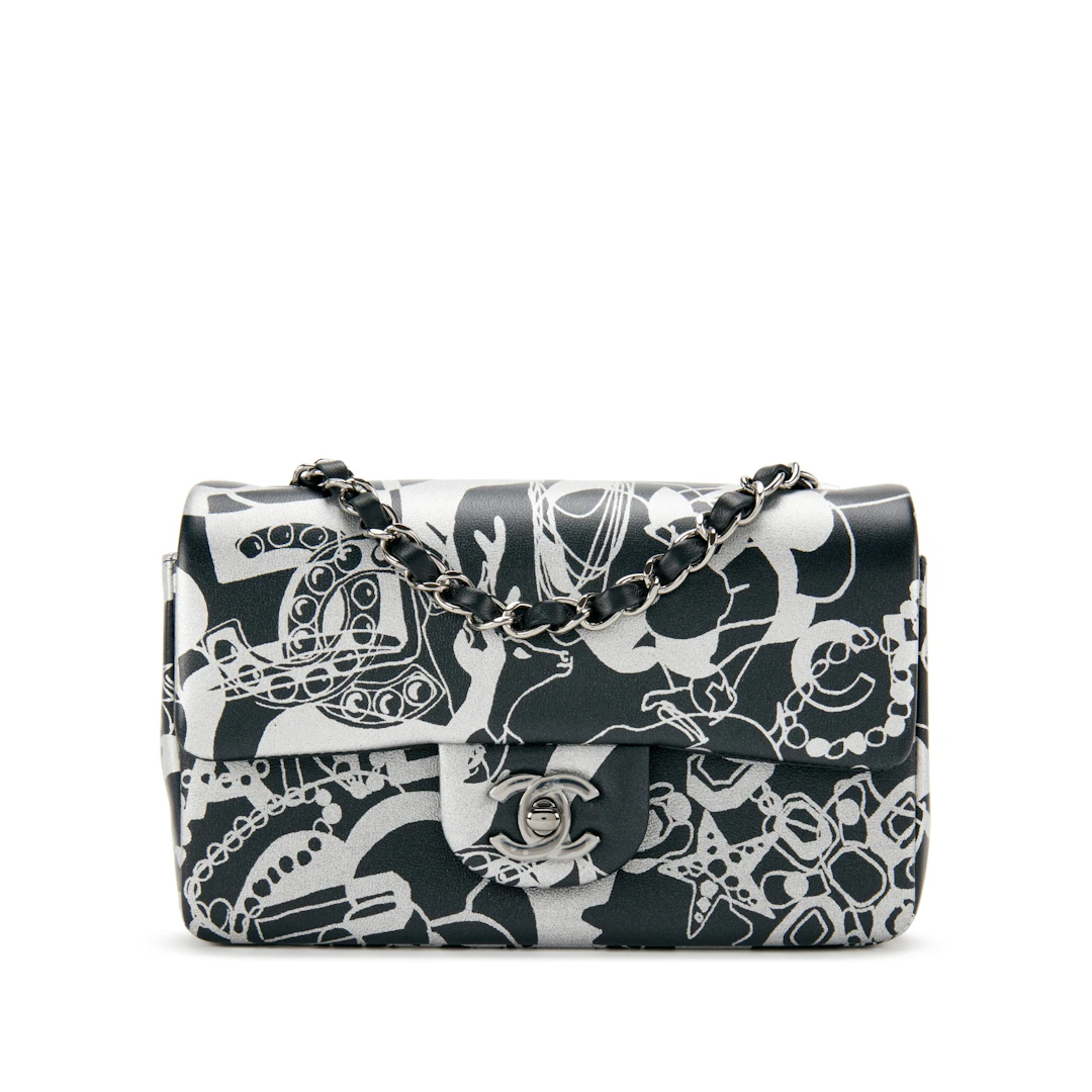 Black and Silver Printed Lambskin Mini Rectangular Flap Dark Silver