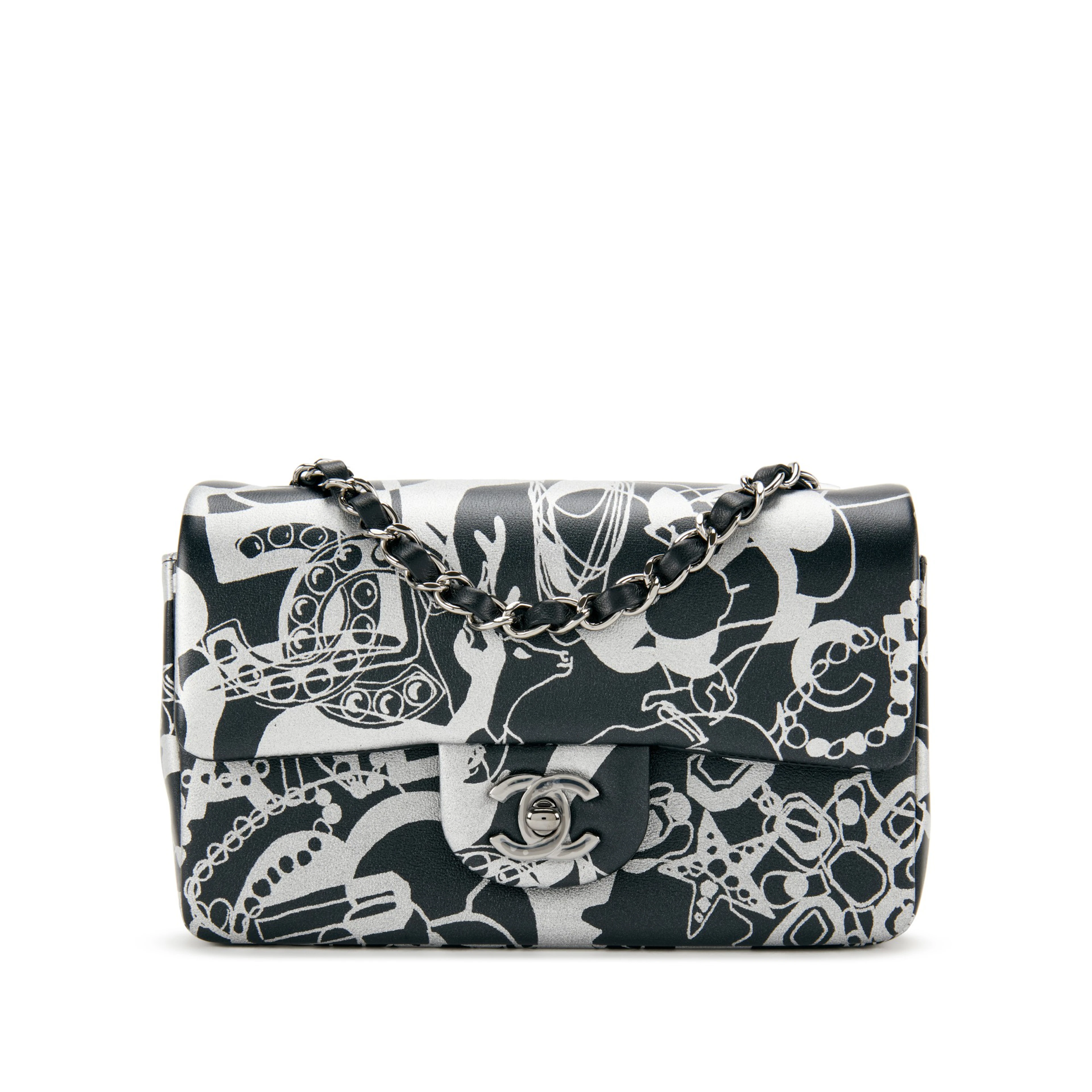 Black and Silver Printed Lambskin Mini Rectangular Flap Dark Silver