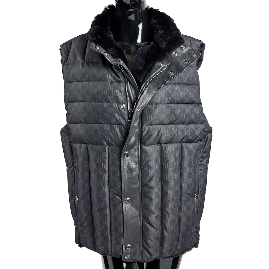 Reversible Black Rabbit Fur and Black Nylon Damier Veritable Plume