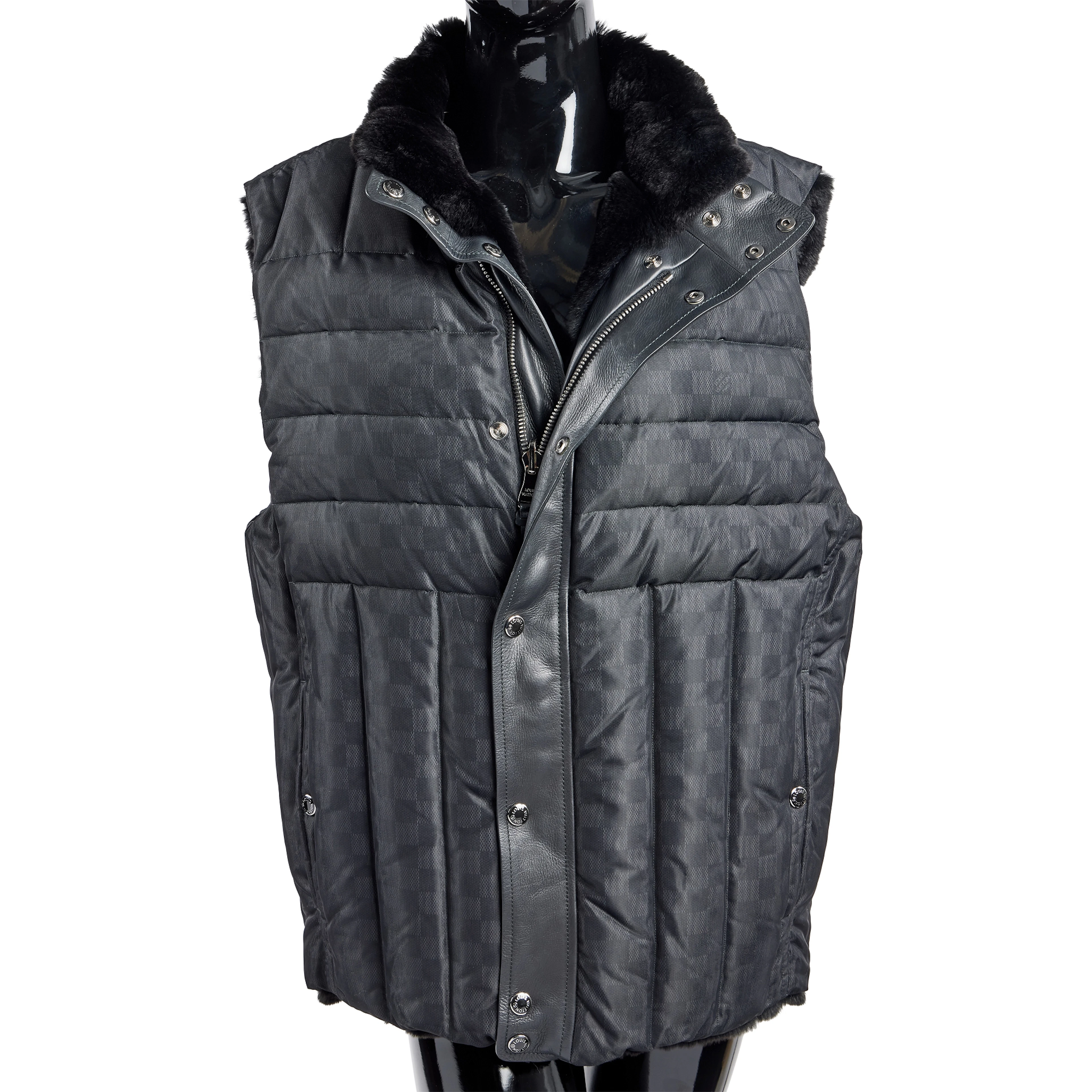 Reversible Black Rabbit Fur and Black Nylon Damier Veritable Plume