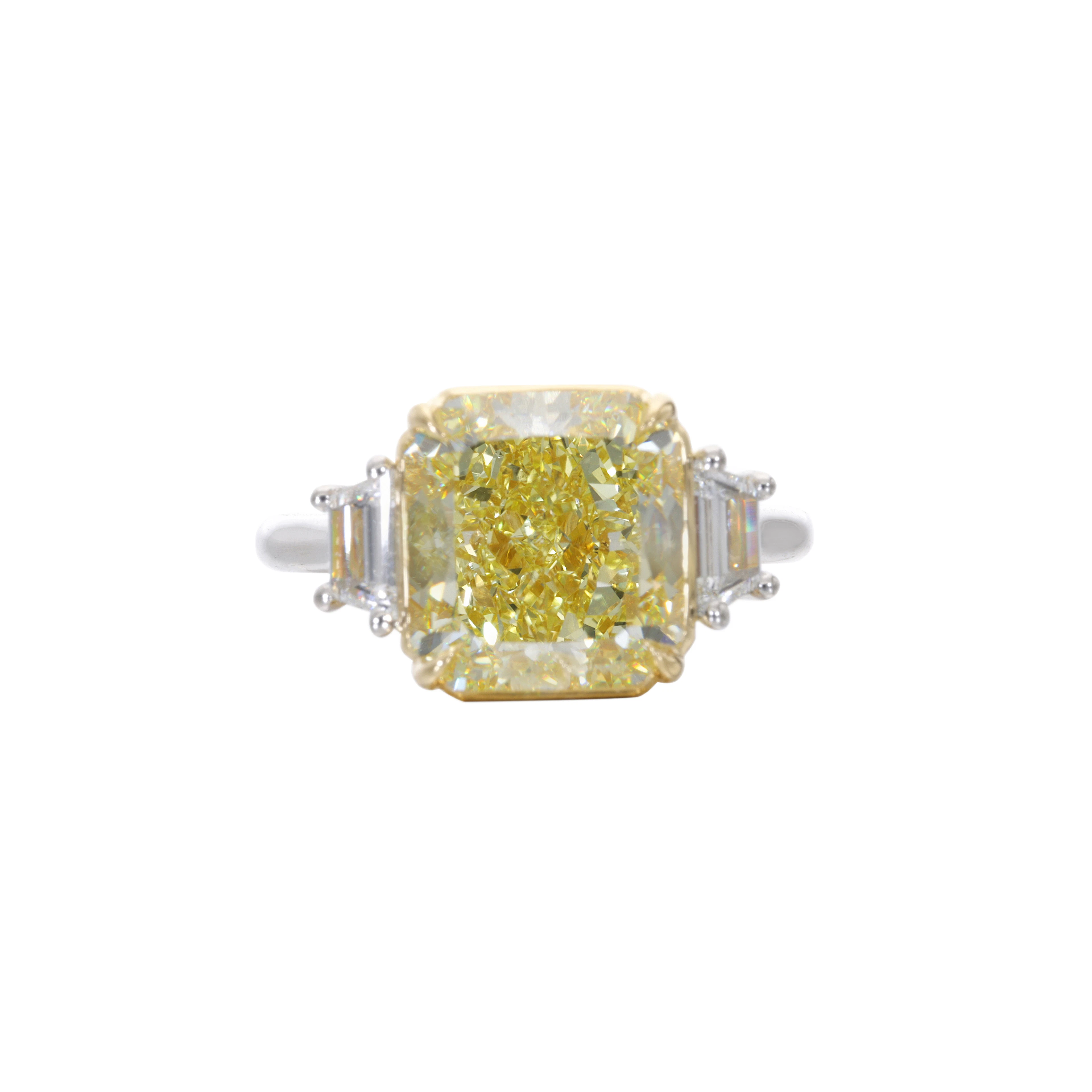 Platinum, Gold, 5.73ct Radiant Cut Fancy Intense Yellow Diamond and