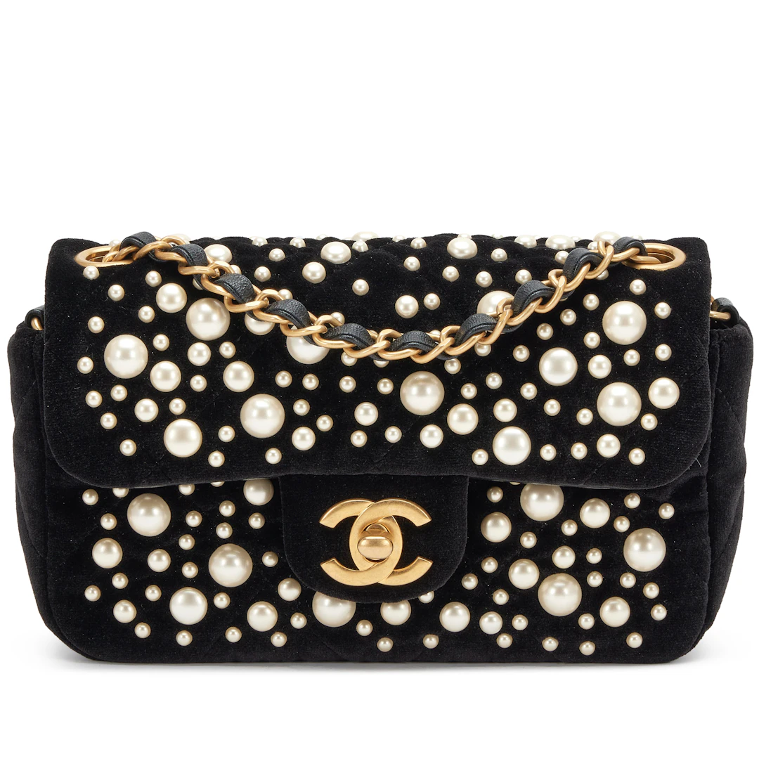 Black Velvet Imitation Pearl Embellished Rectangular Mini Classic