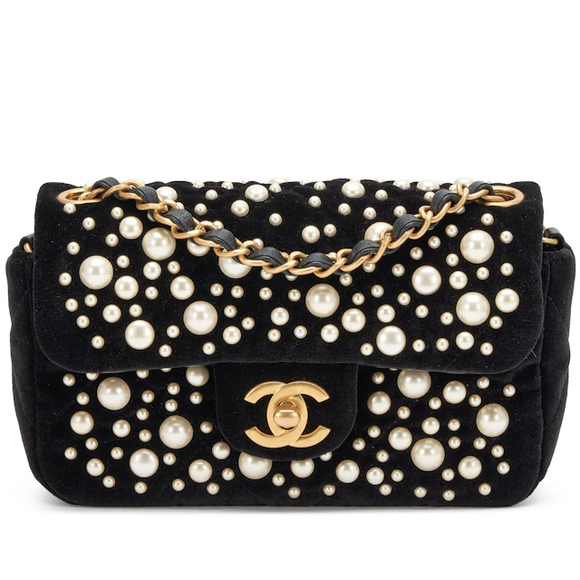 Black Velvet Imitation Pearl Embellished Rectangular Mini Classic