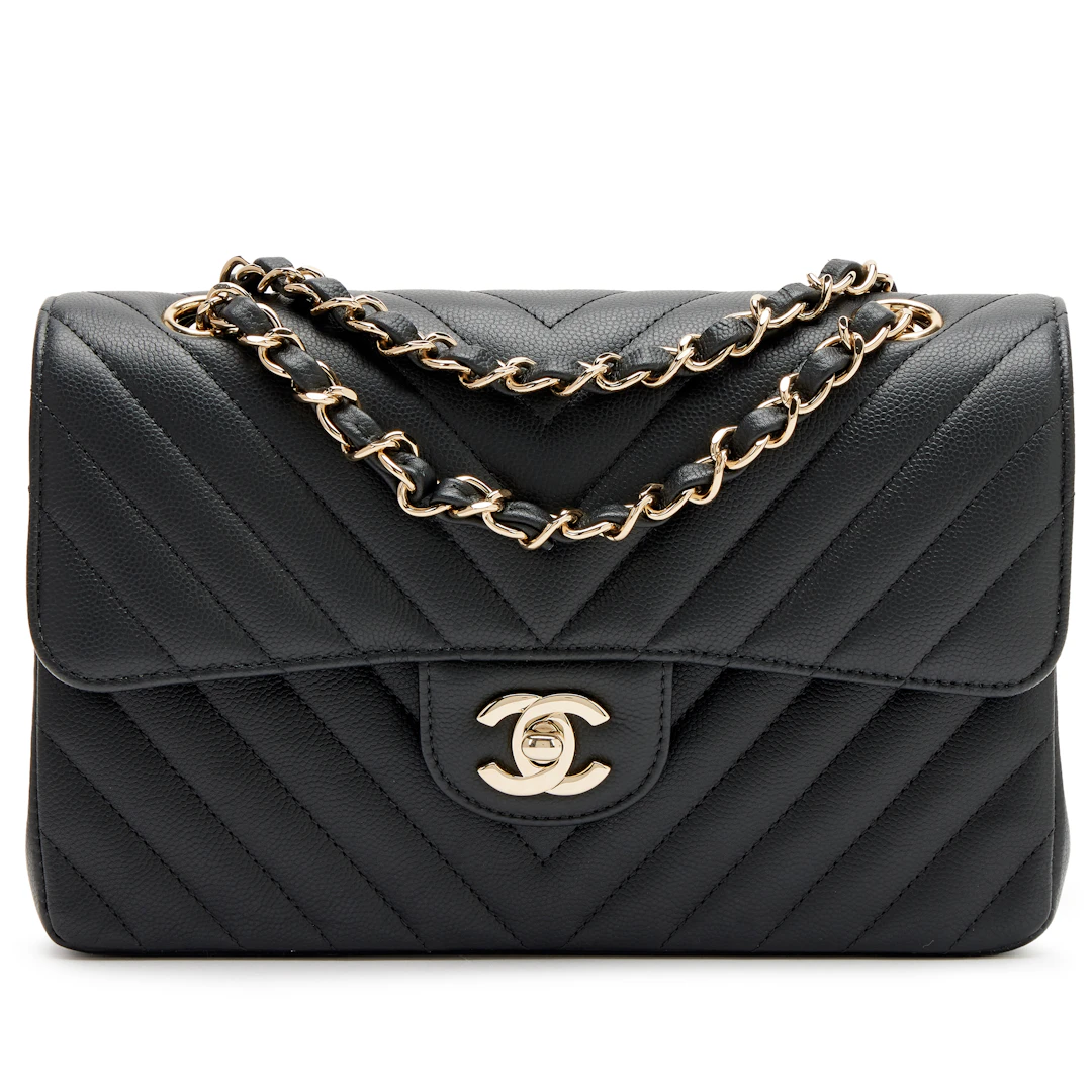 Black Quilted Chevron Caviar Small Double Flap Bag Light Gold Hardware