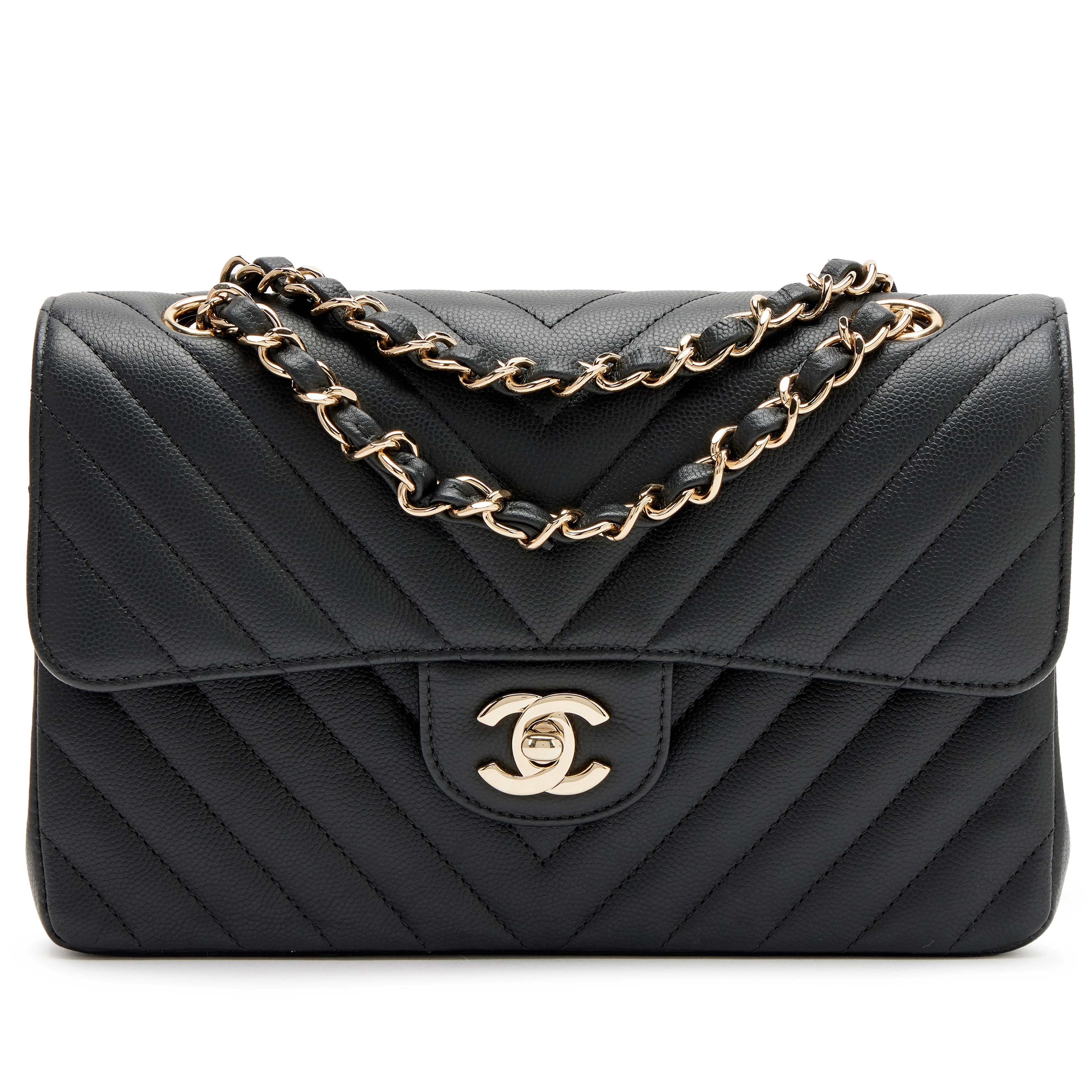 Black Quilted Chevron Caviar Small Double Flap Bag Light Gold Hardware