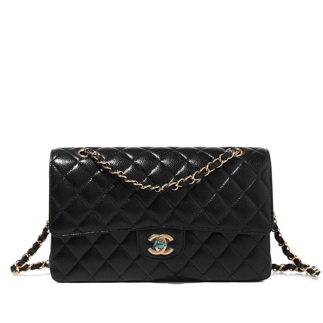 Black Quilted Caviar Classic Timeless Double Flap Gold Hardware