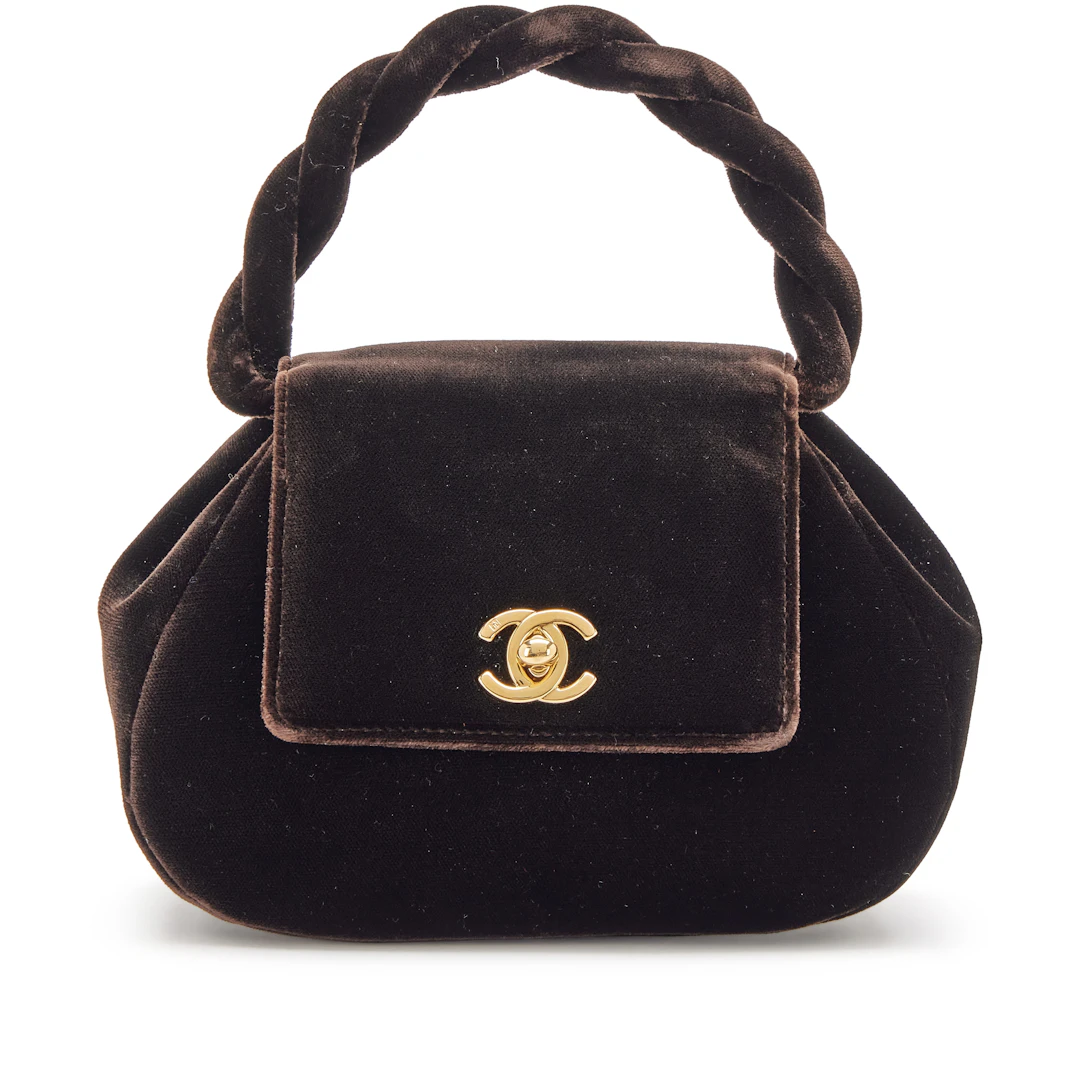 Vintage Chocolate Brown Velvet Twisted Top Handle Evening Bag Gold