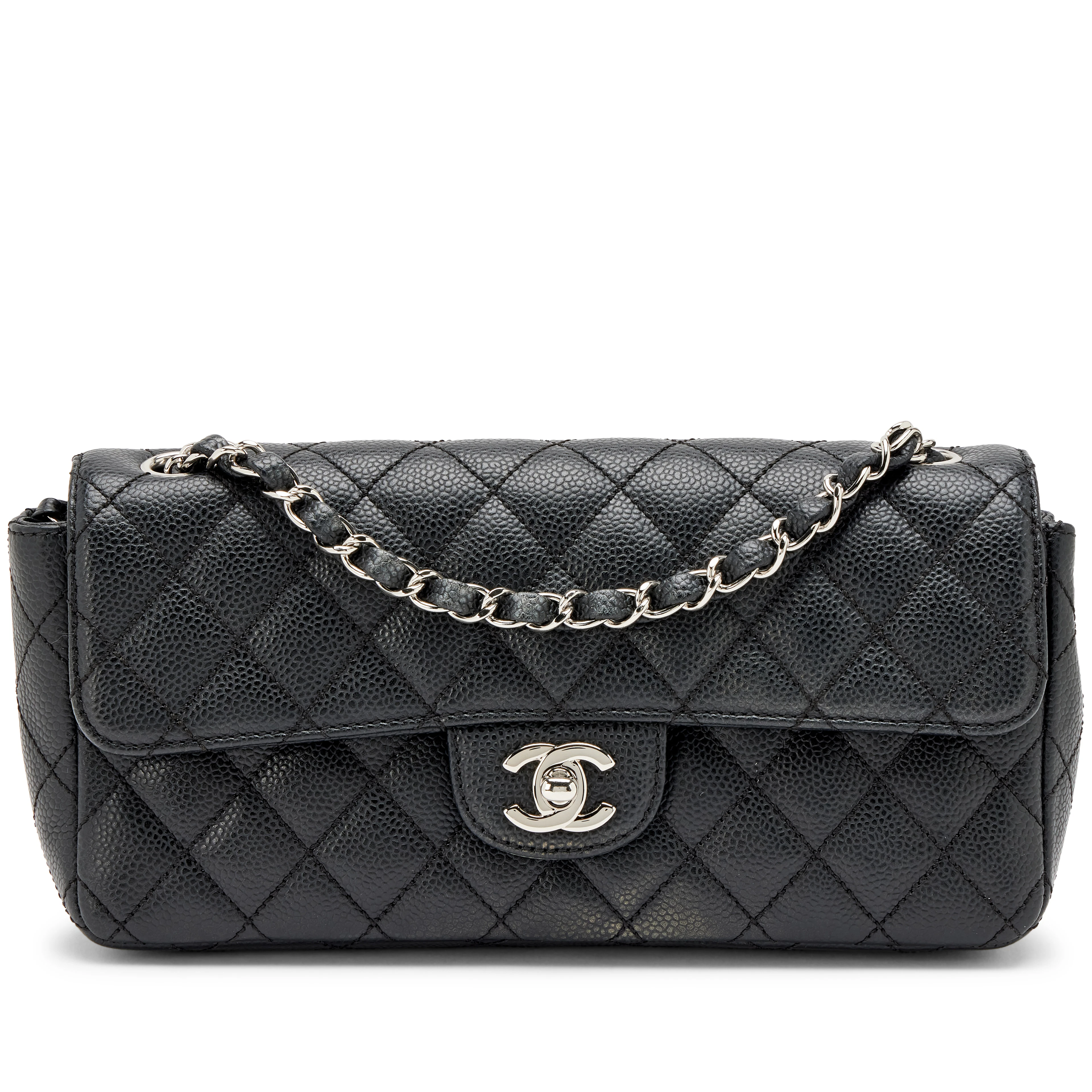Black Quilted Caviar East West Classic Flap Bag Silver Hardware, 2006