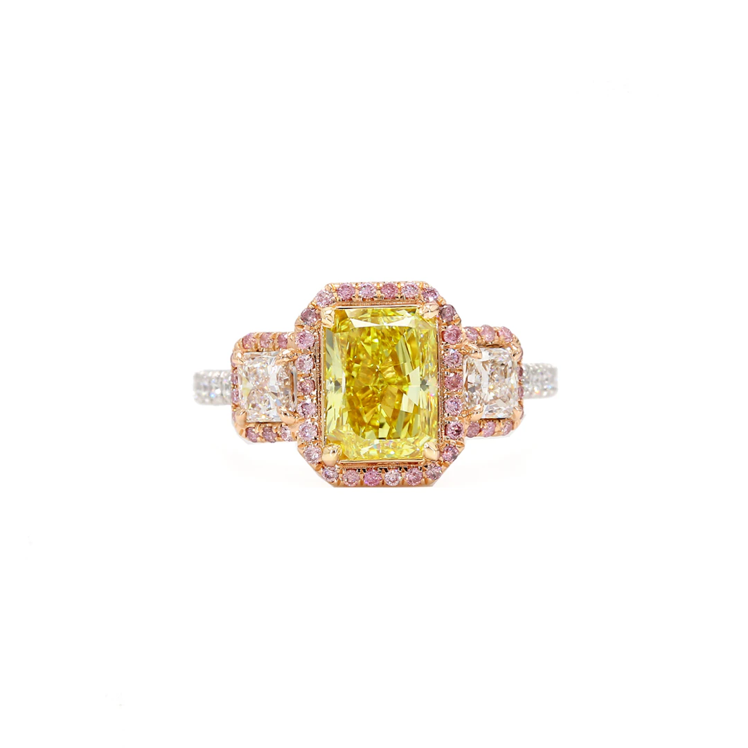 Platinum, Rose Gold, 2.01ct Radiant Cut Fancy Intense Yellow Diamond