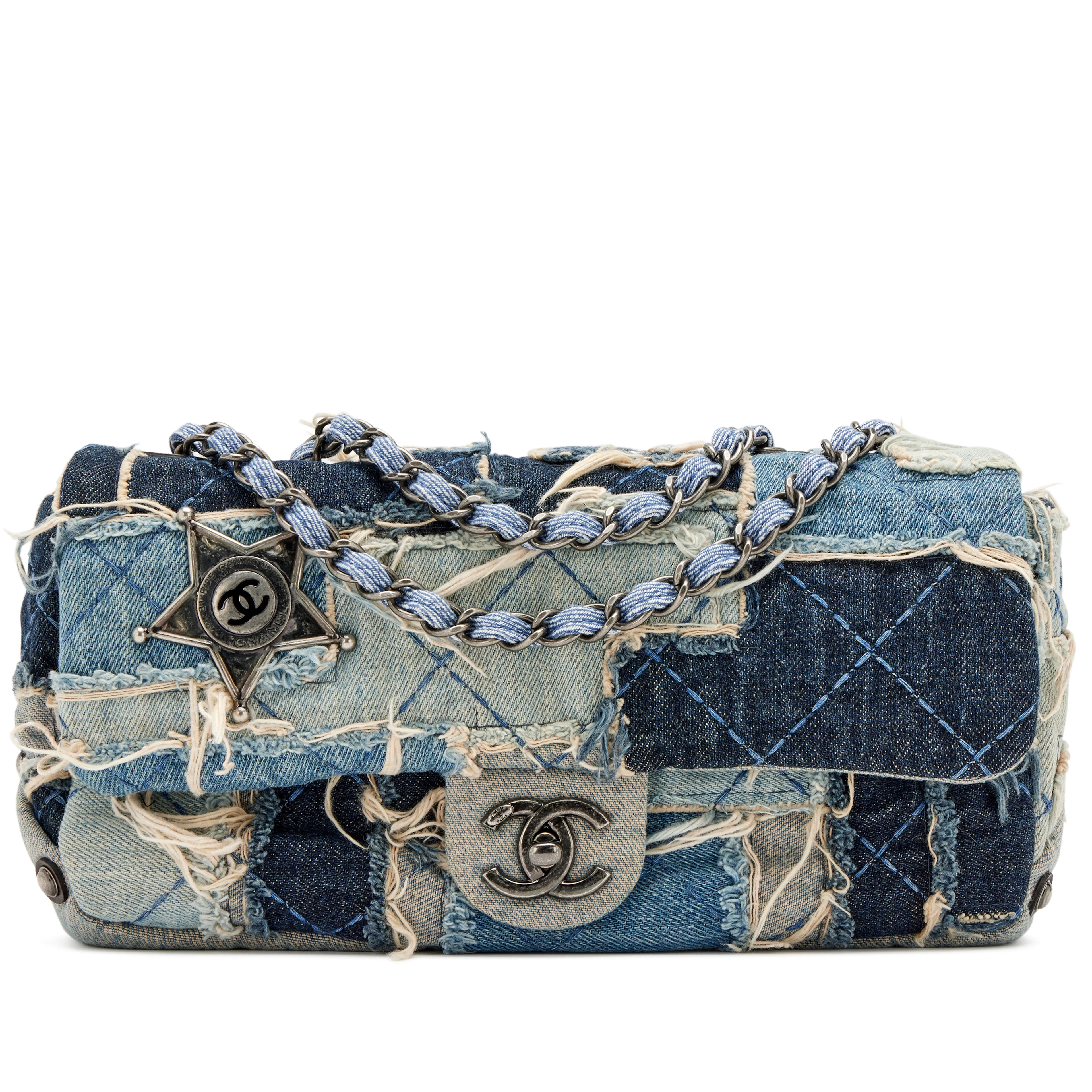Limited Edition Blue Quilted Denim Paris-Dallas Flap Bag Aged Silver