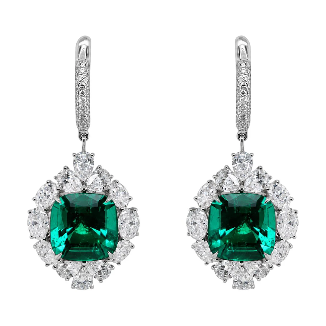 White Gold, 8.76ctw Colombian Emerald and Diamond Drop Earrings