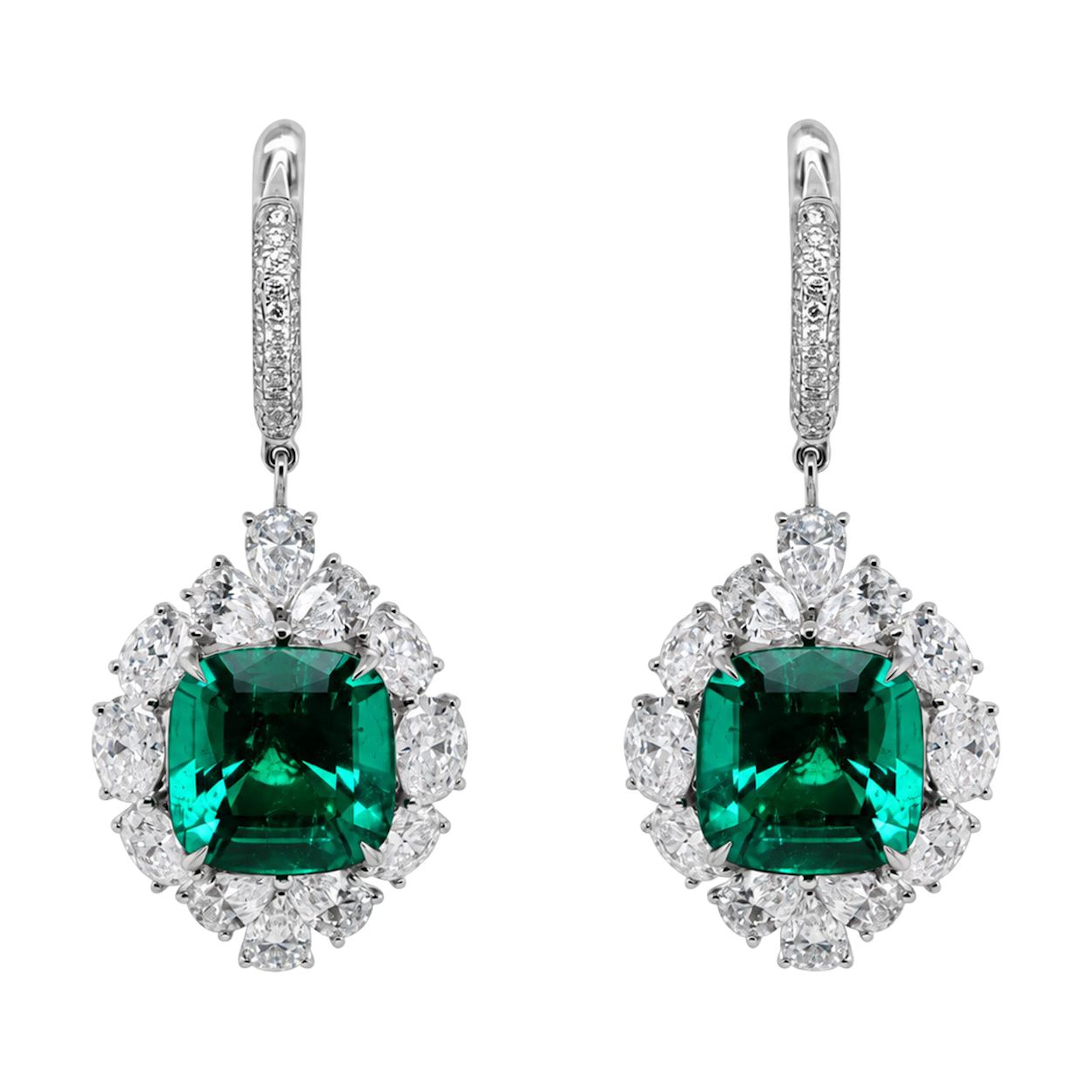 White Gold, 8.76ctw Colombian Emerald and Diamond Drop Earrings