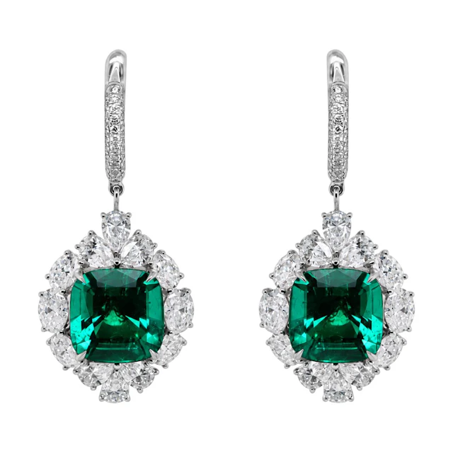 White Gold, 8.76ctw Colombian Emerald and Diamond Drop Earrings