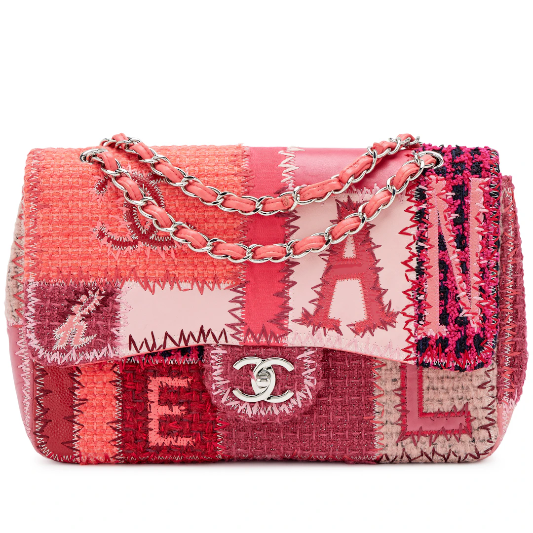Pink Tweed, Caviar, and Calfskin Patchwork Medium Classic Single Flap