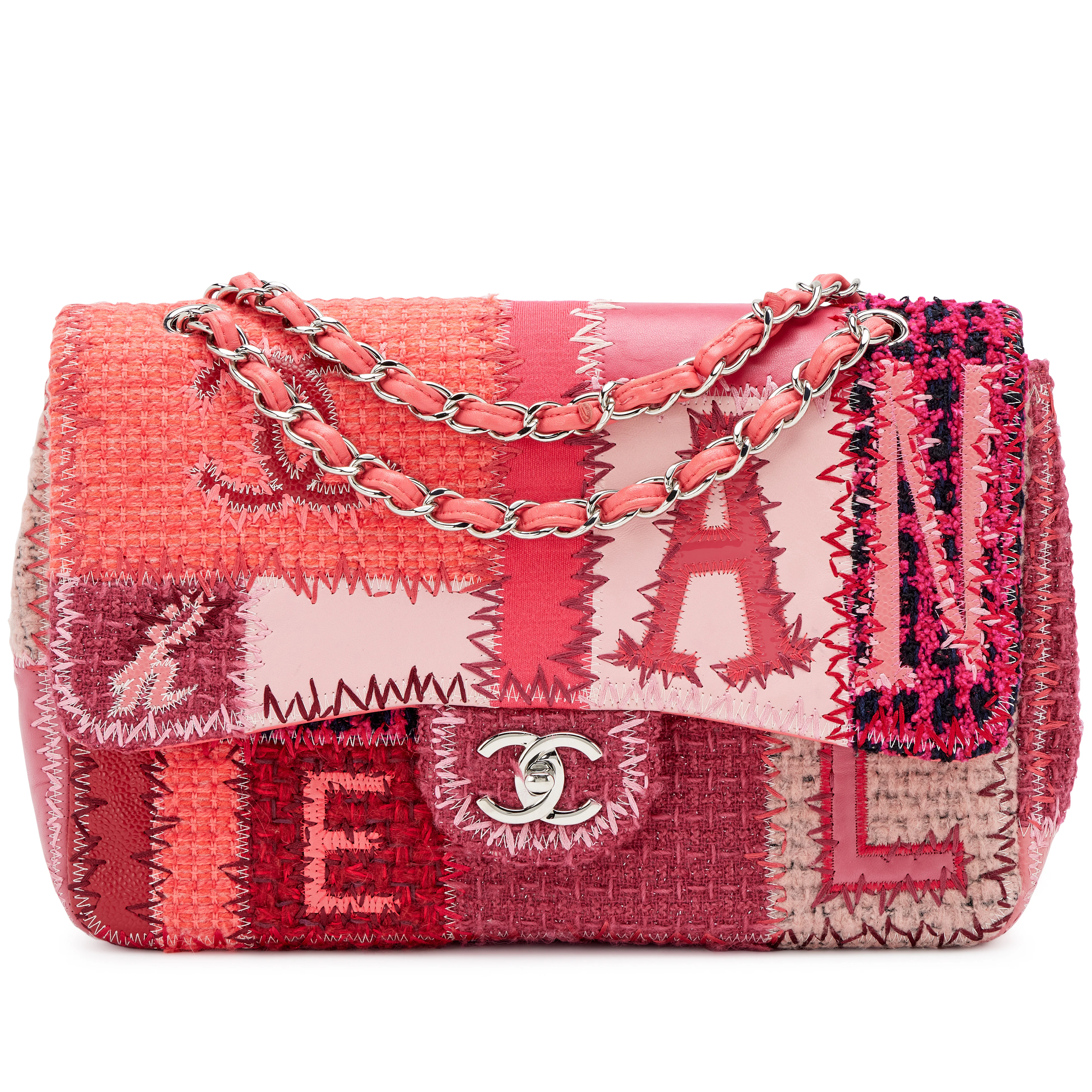Pink Tweed, Caviar, and Calfskin Patchwork Medium Classic Single Flap