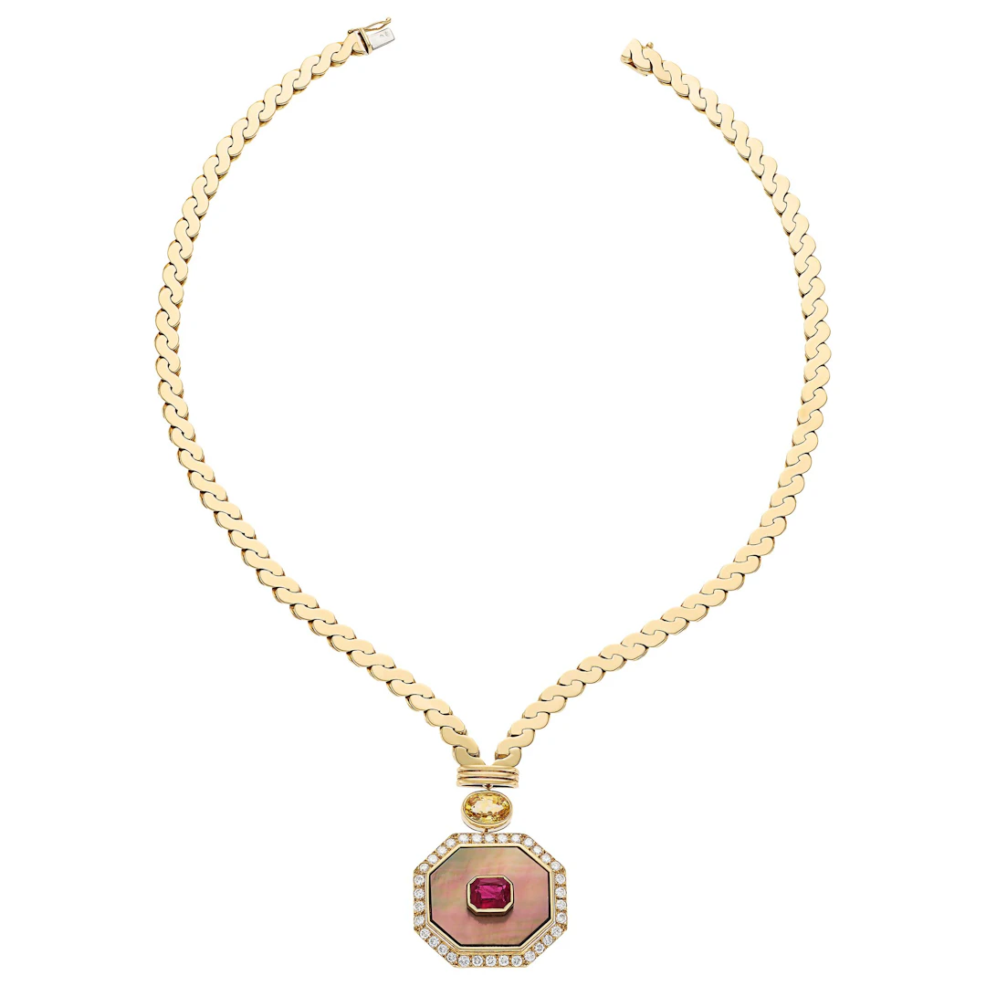 Vintage Gold, Ruby, Yellow Sapphire and Mother of Pearl Necklace