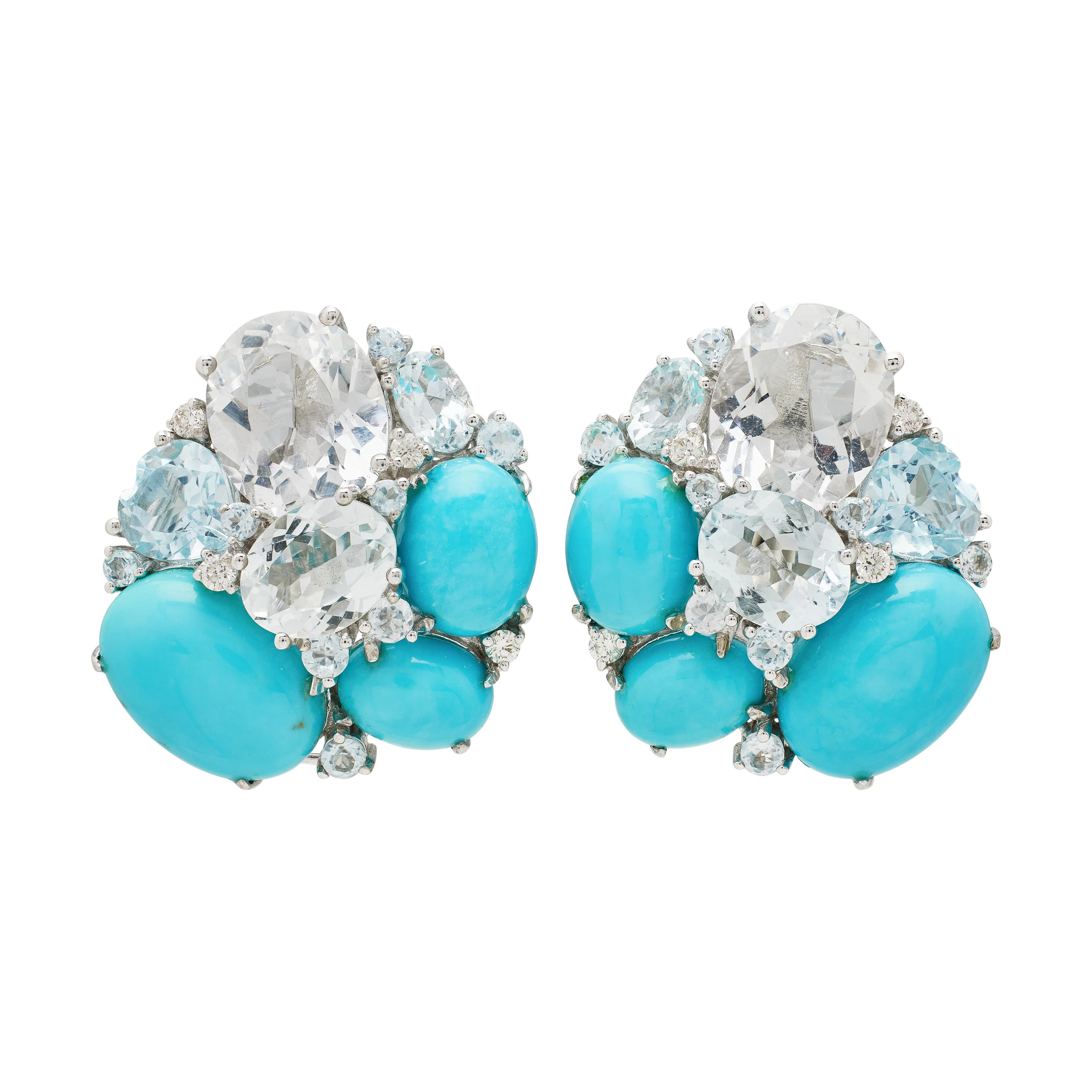 White Gold, Turquoise, Aquamarine, Topaz, and Diamond Earclips