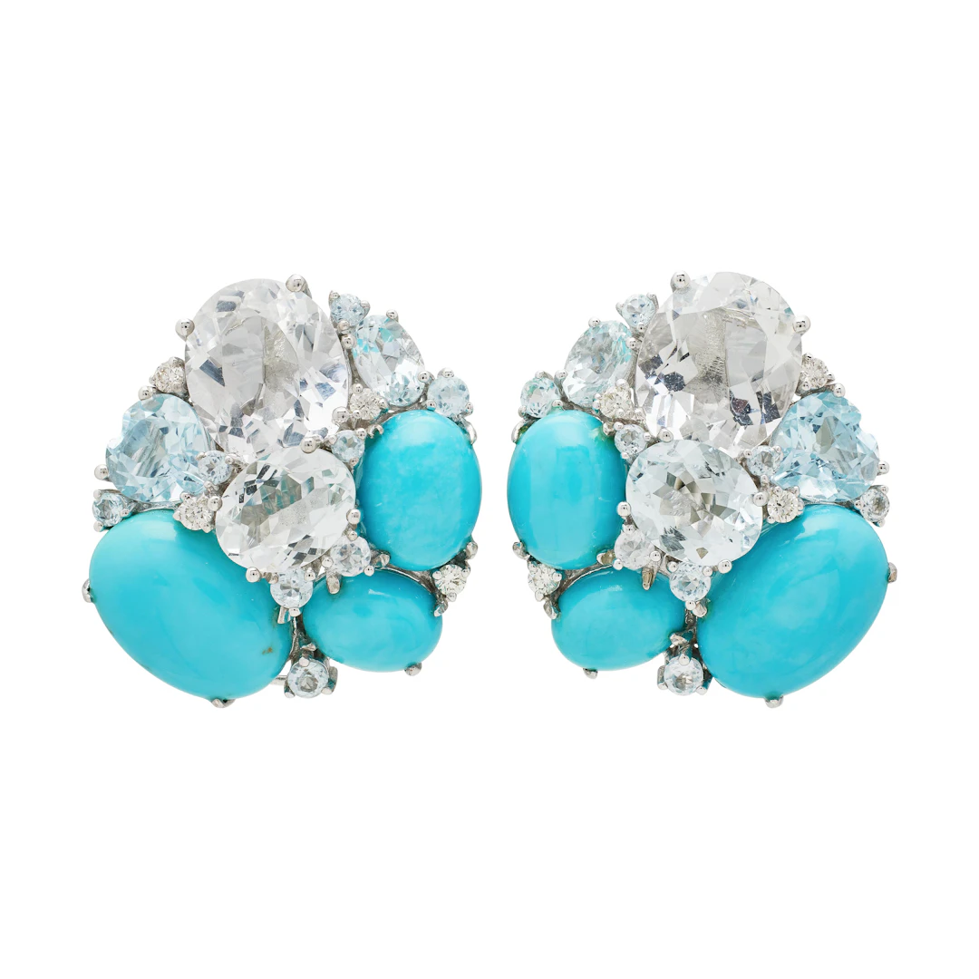 White Gold, Turquoise, Aquamarine, Topaz, and Diamond Earclips