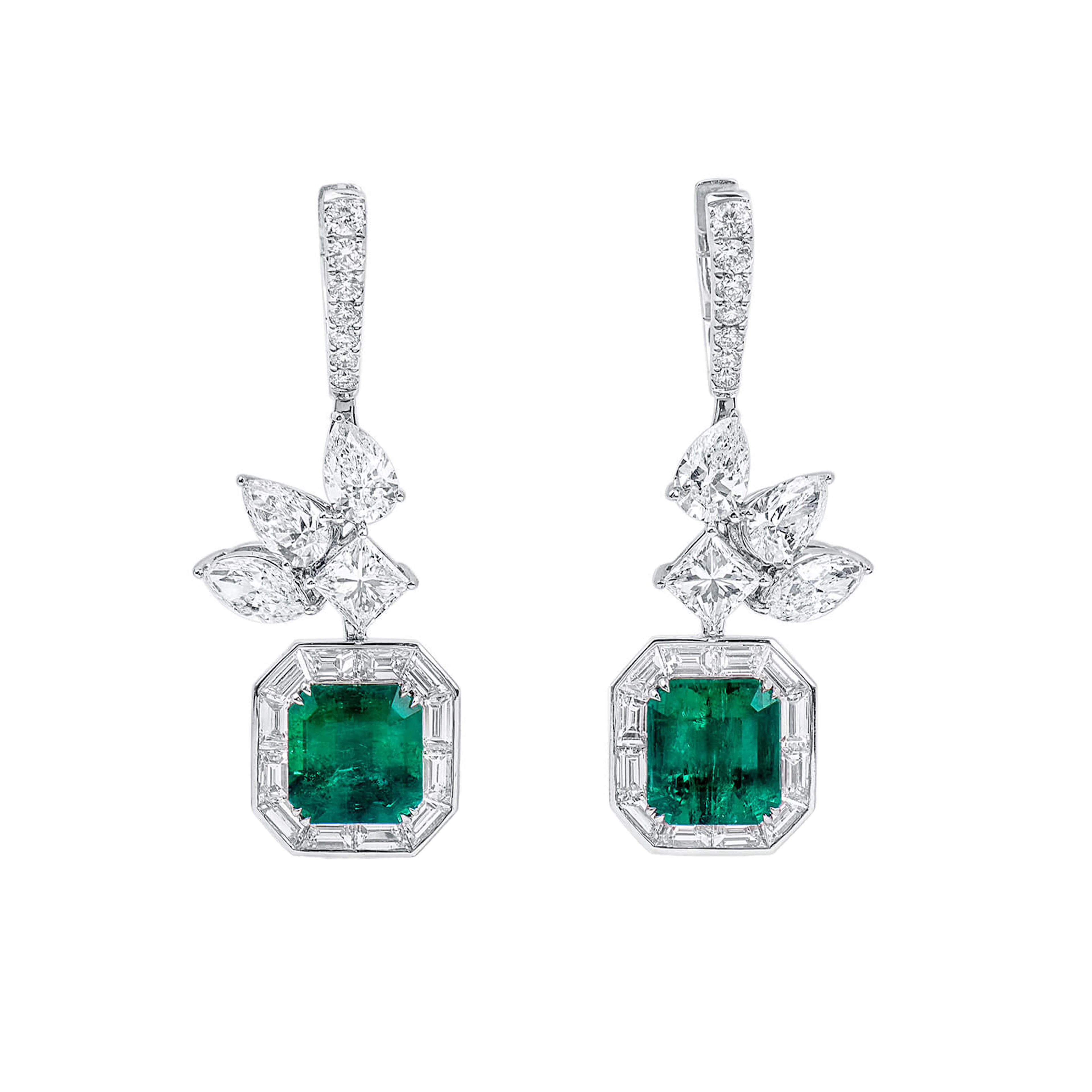 White Gold, 3.37ct Colombian Emerald and Diamond Earrings
