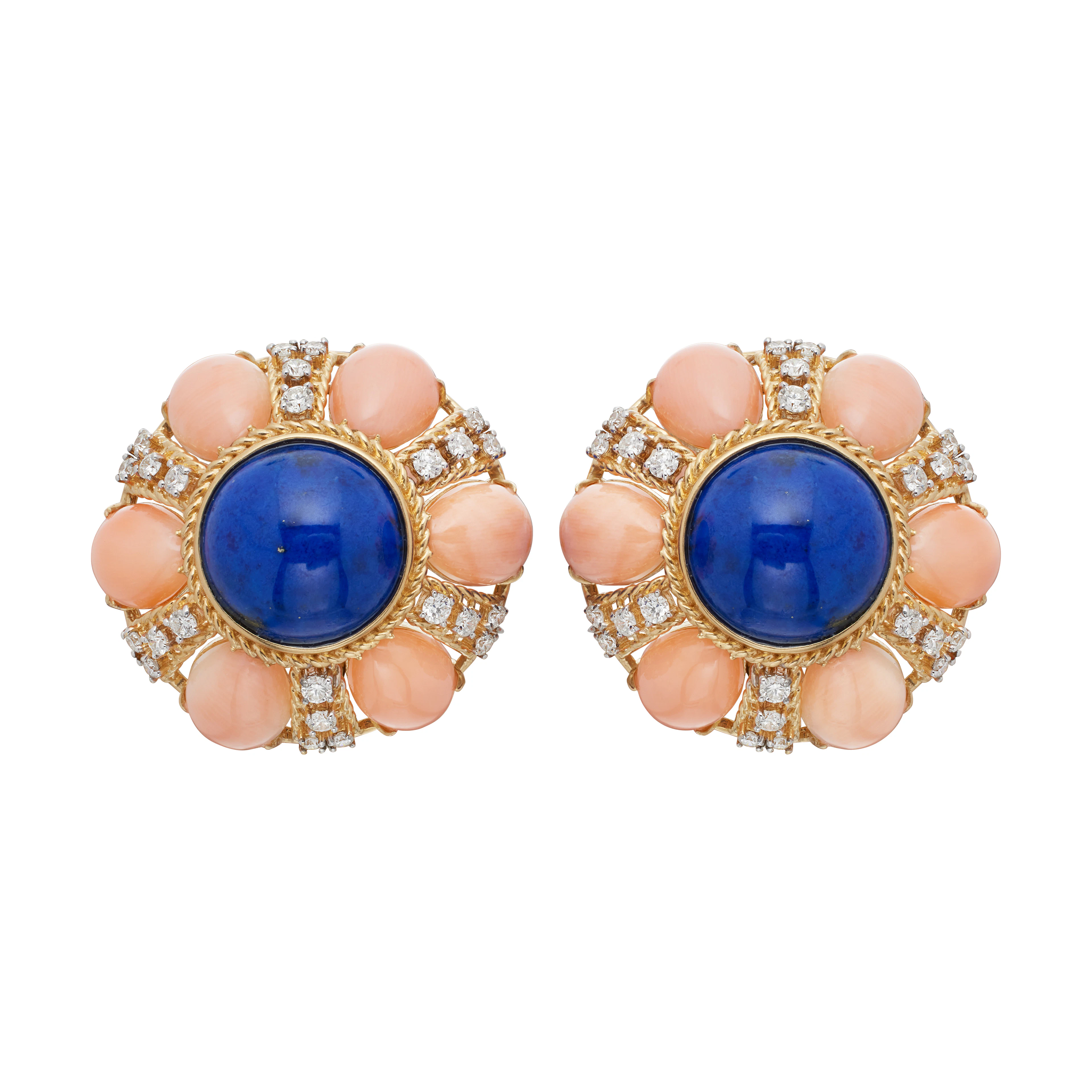 Gold, Coral, Lapis Lazuli and Diamond Earclips