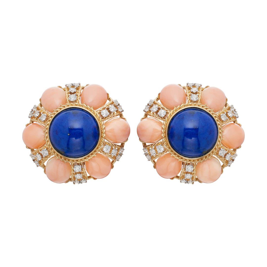 Gold, Coral, Lapis Lazuli and Diamond Earclips