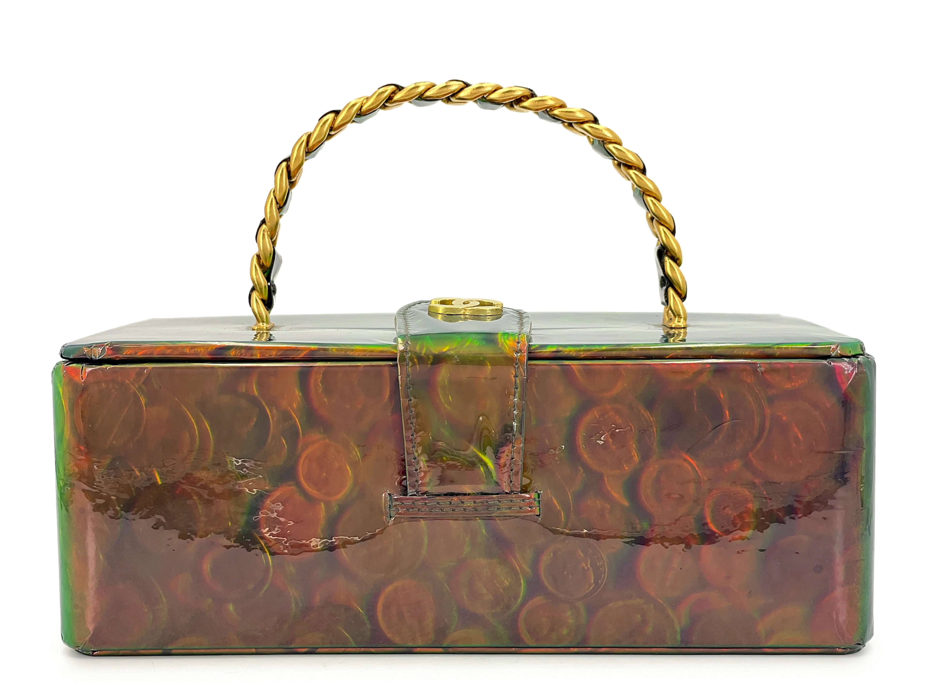 Vintage Holographic Vinyl Green Vanity Case Bag Gold Hardware, 1995