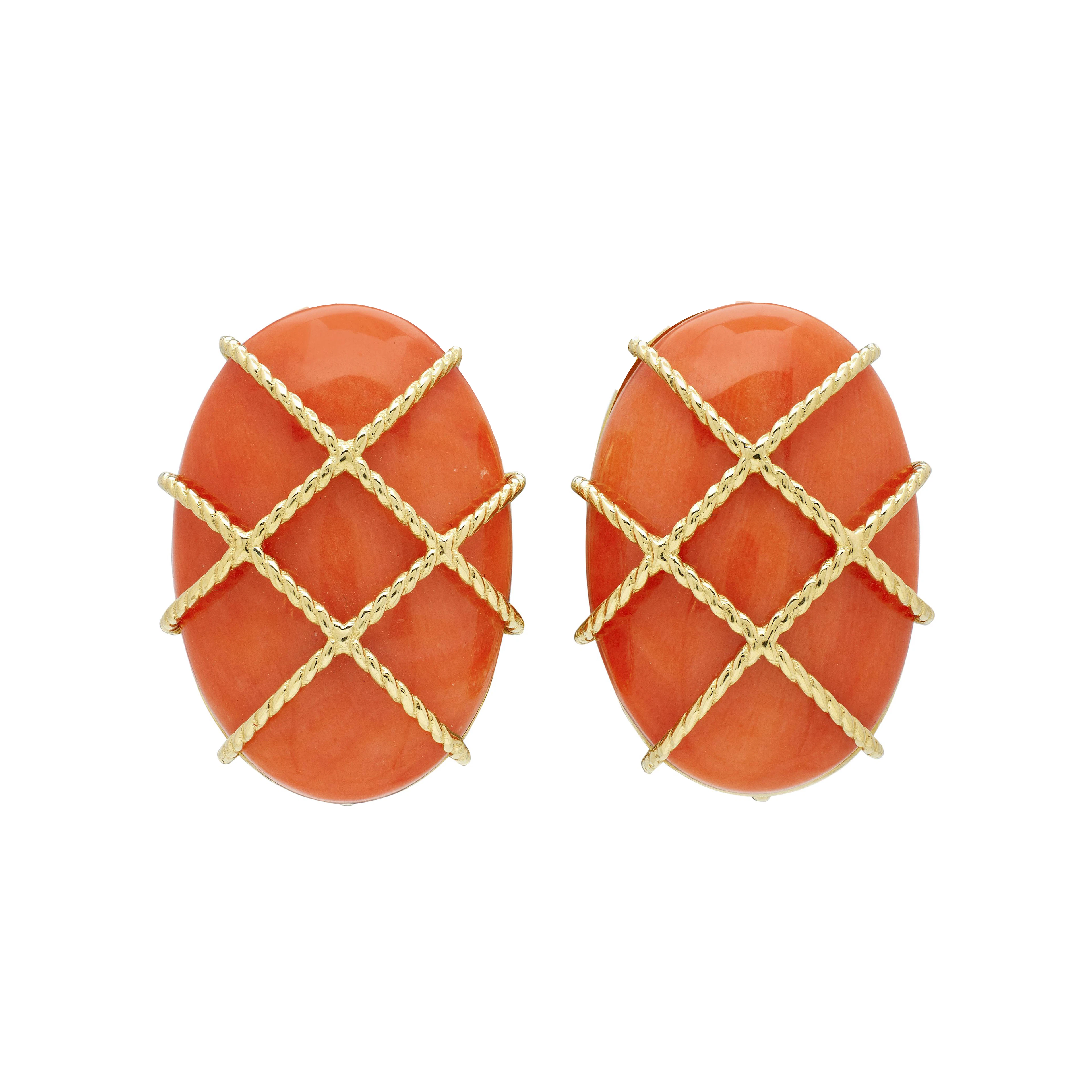 Gold and Coral Earclips