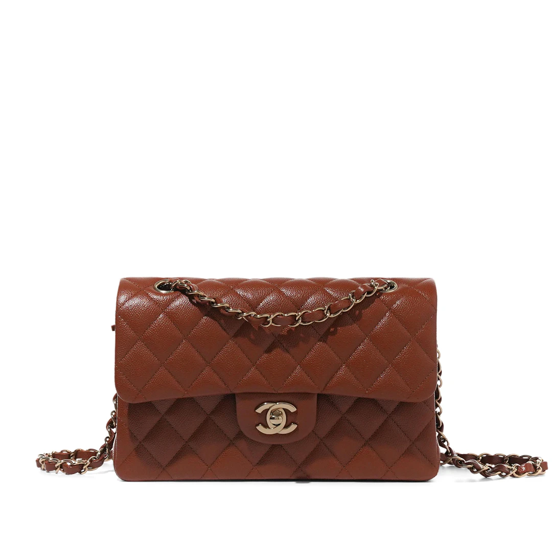 Brown Quilted Caviar Small Timeless Double Flap Brushed Gold Hardware