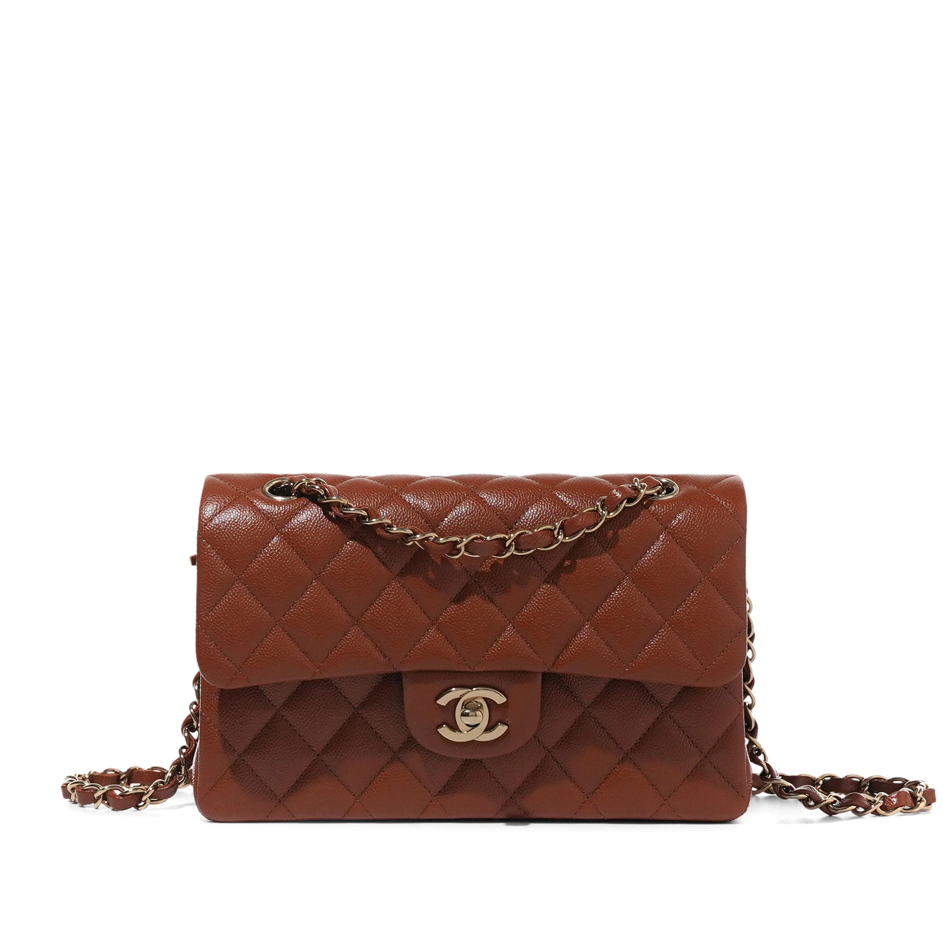 Brown Quilted Caviar Small Timeless Double Flap Brushed Gold Hardware