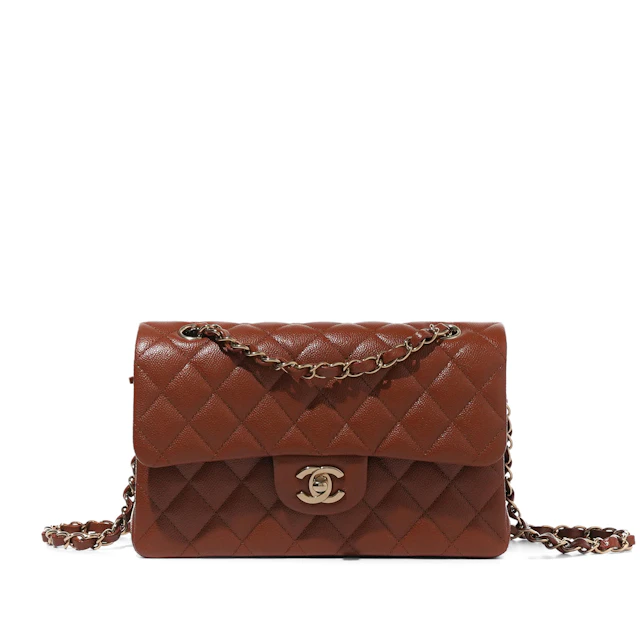 Brown Quilted Caviar Small Timeless Double Flap Brushed Gold Hardware