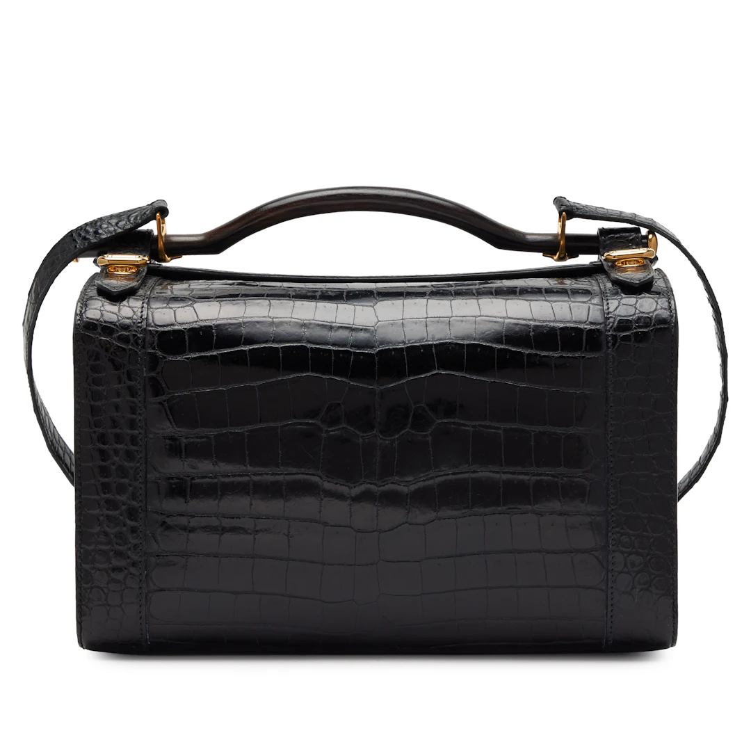 Black Crocodile Cosmos Cosmetic Train Vanity Case Wood Handle Bag
