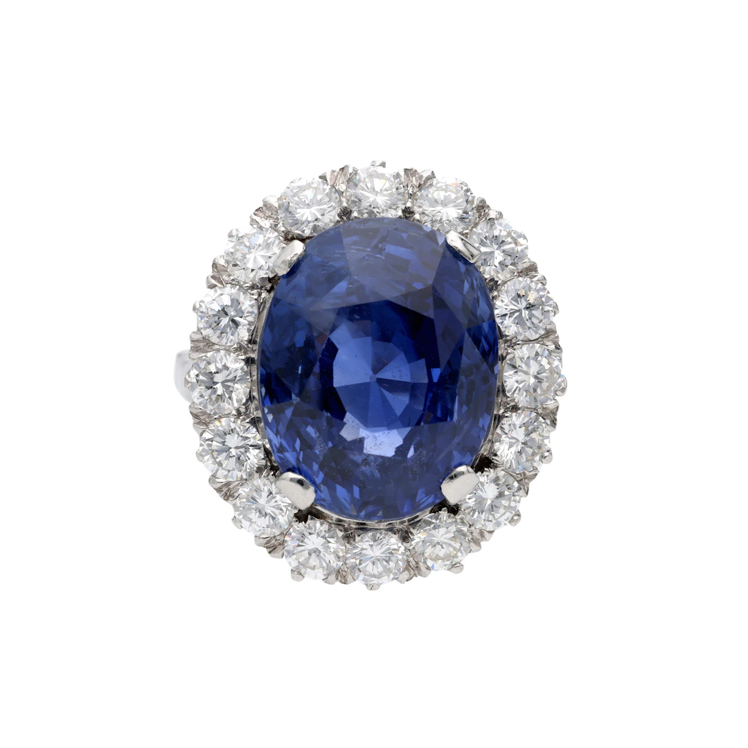 Platinum, 18.02ct Ceylon Sapphire and Diamond Halo Ring