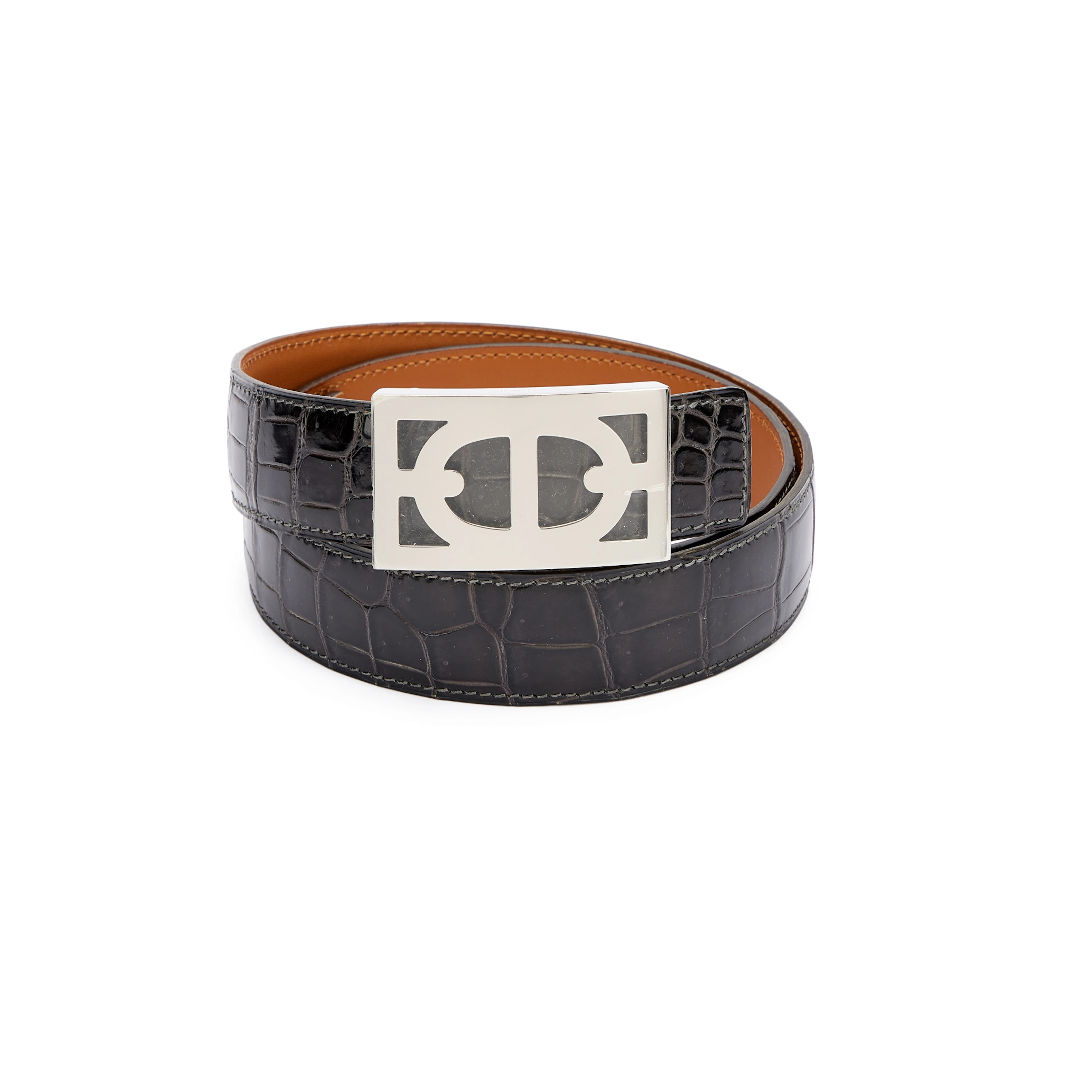 Graphite Shiny Porosus Crocodile Belt 32mm and Chaine d'Ancre H Buckle