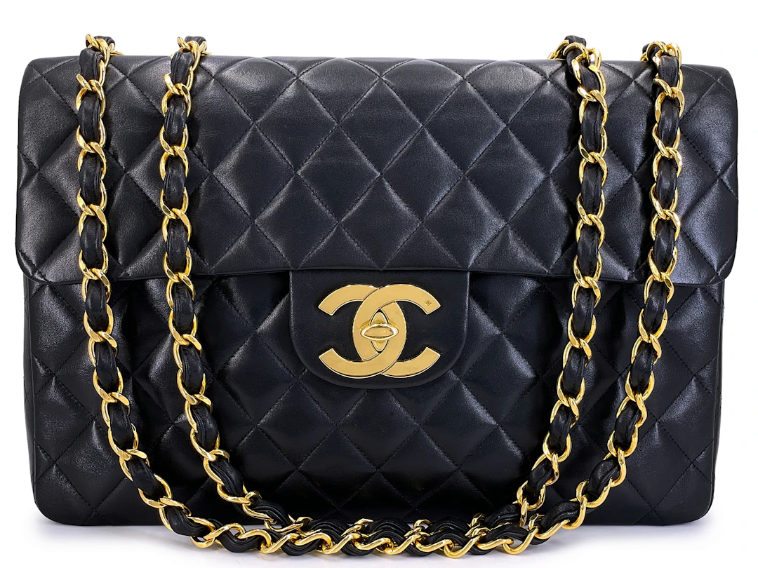 Vintage Black Quilted Lambskin Maxi Classic Flap Bag Gold Hardware, 1994