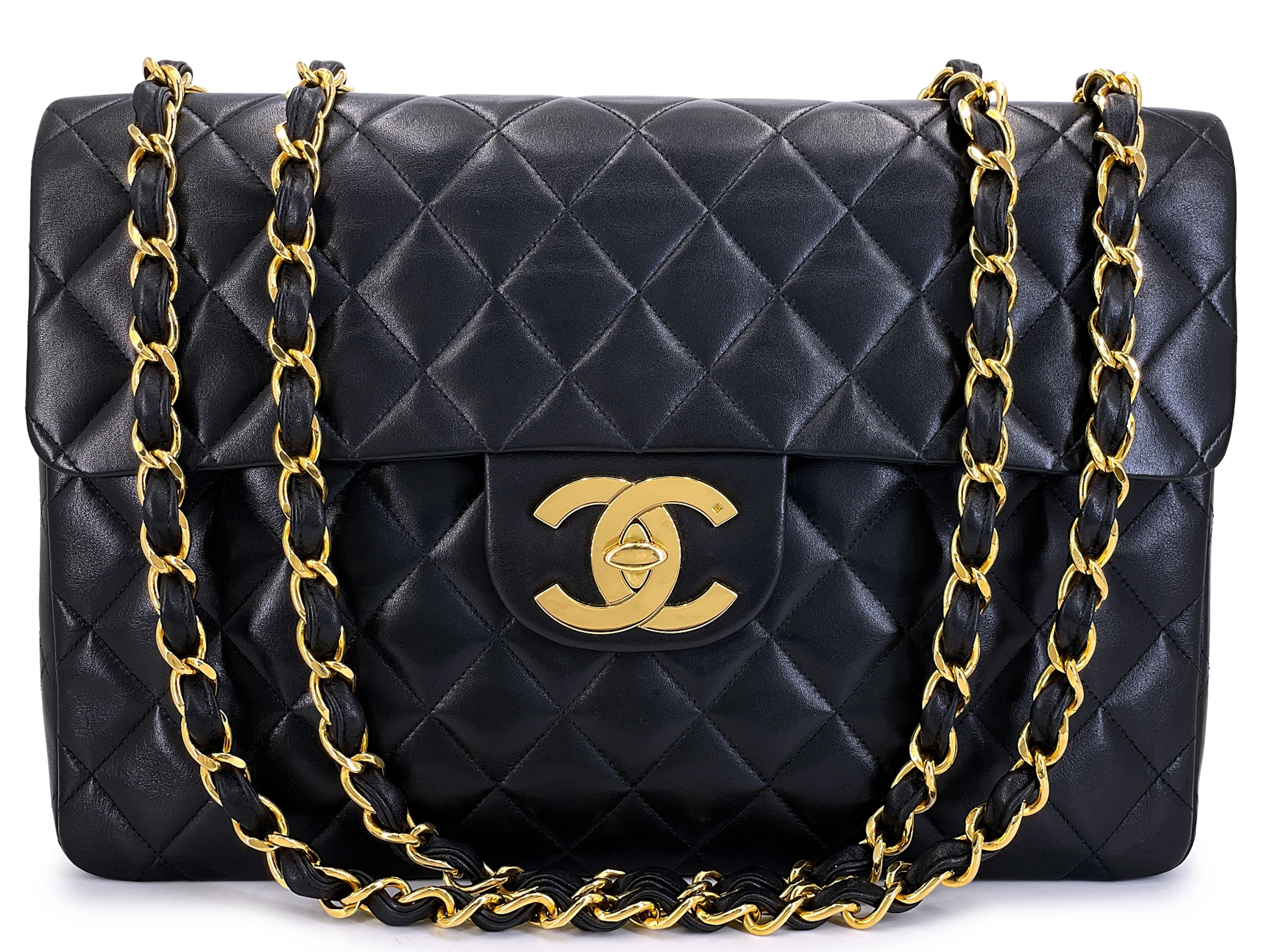 Vintage Black Quilted Lambskin Maxi Classic Flap Bag Gold Hardware, 1994