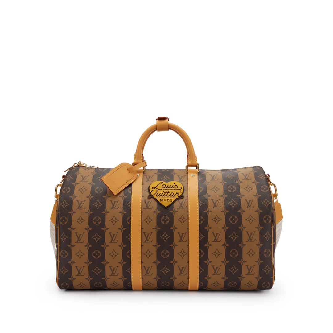 Virgil Abloh NIGO Brown Monogram Stripes Coated Canvas Keepall Bandoulière