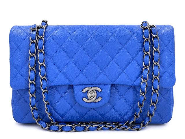 Blue Roi Cobalt Quilted Caviar Medium Classic Double Flap Bag Ruthenium