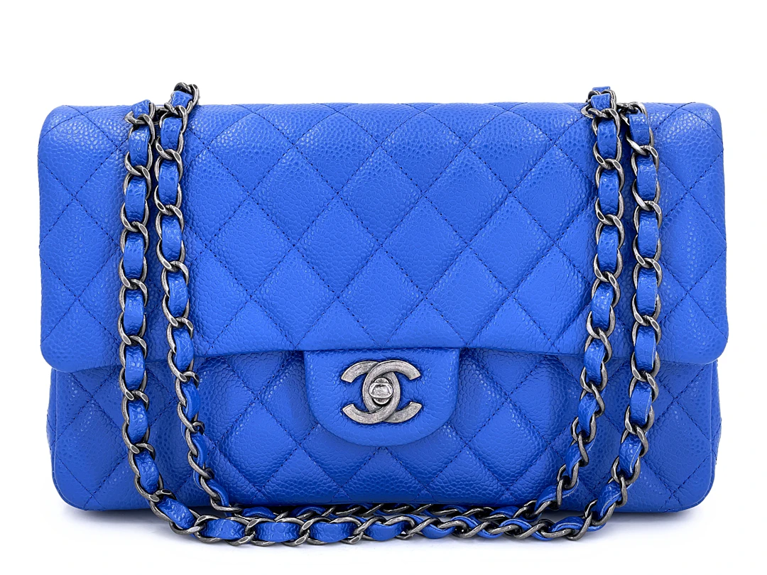Blue Roi Cobalt Quilted Caviar Medium Classic Double Flap Bag Ruthenium
