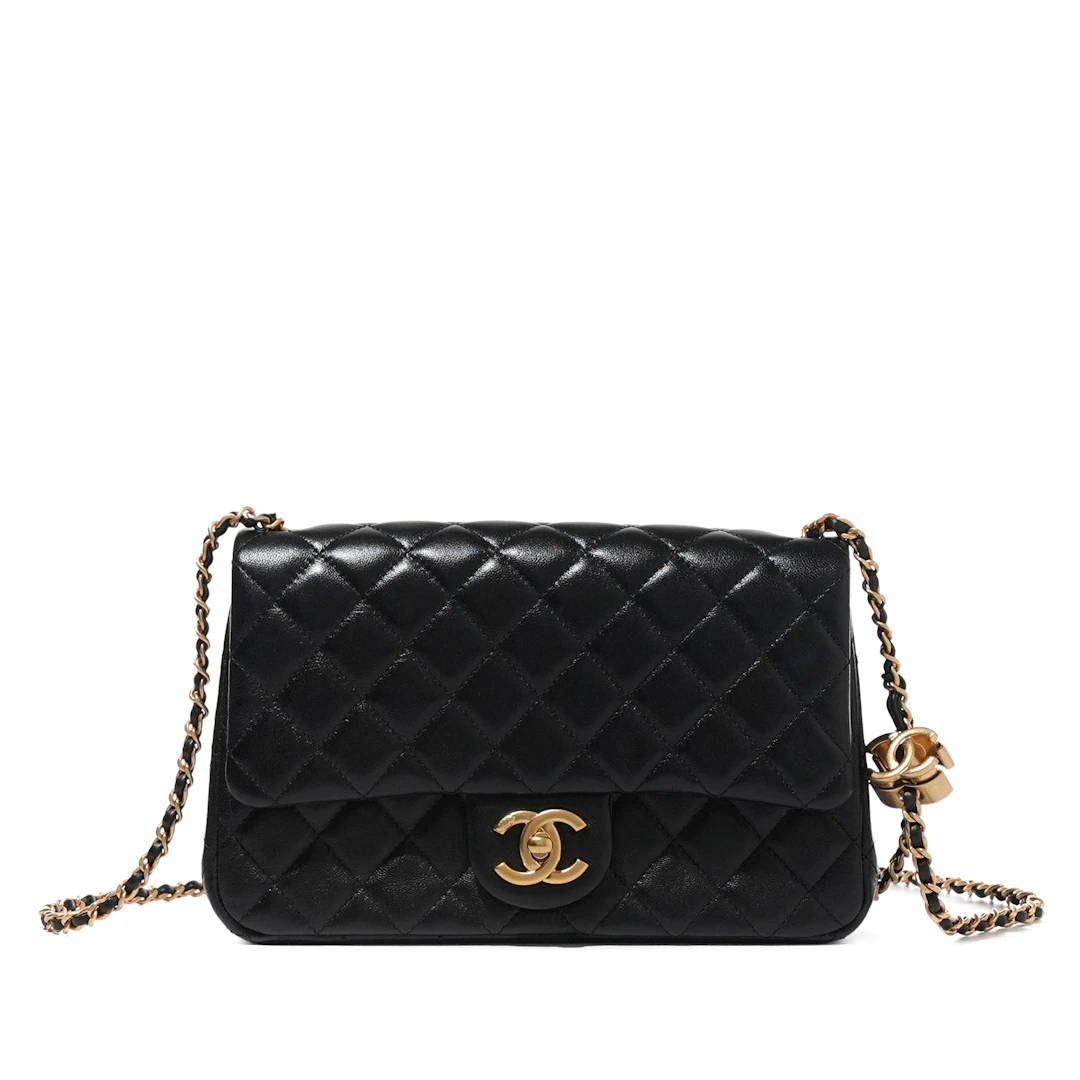 Black Quilted Lambskin CC Crush Small Rectangular Flap Bag Aged Gold Hardware