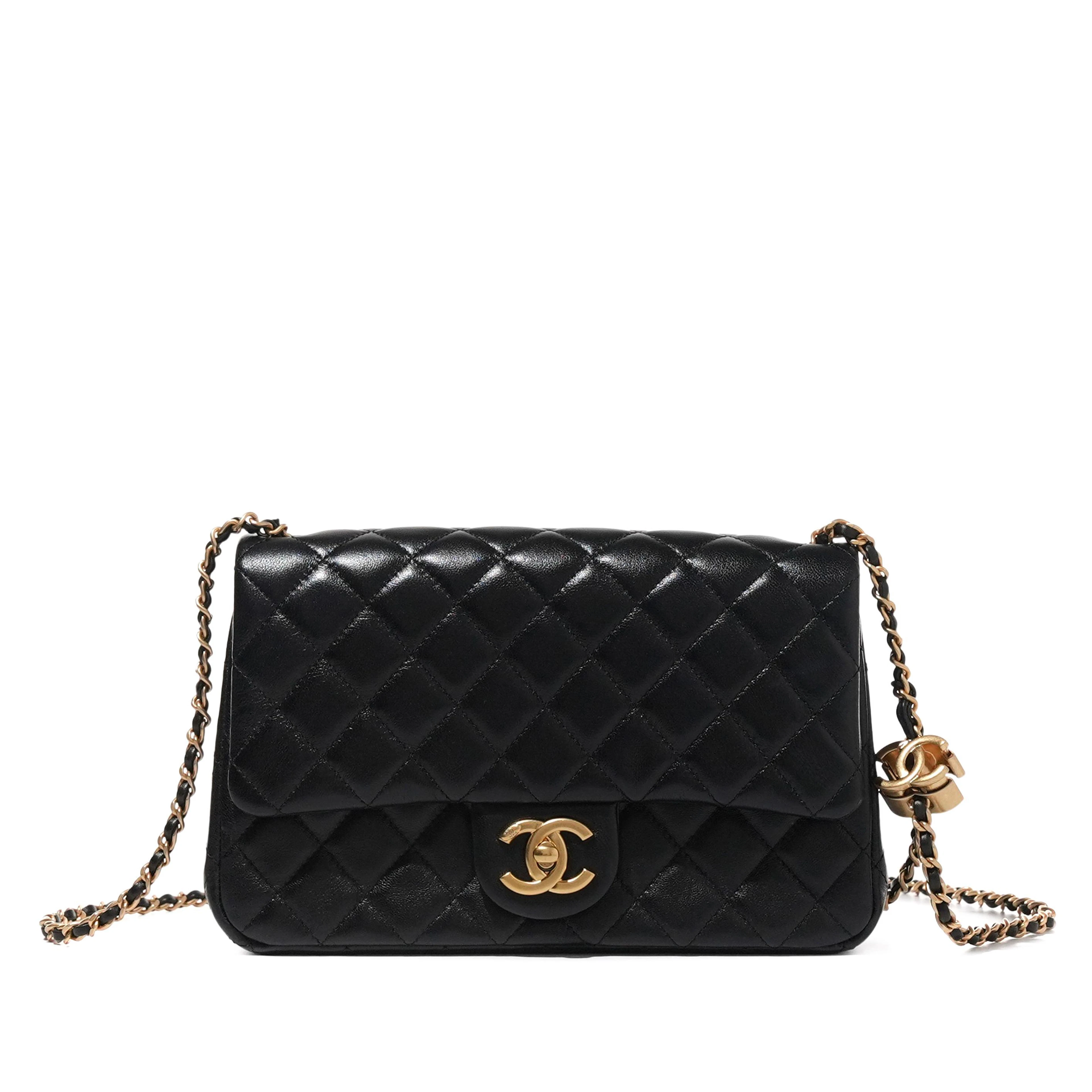 Black Quilted Lambskin CC Crush Small Rectangular Flap Bag Aged Gold Hardware