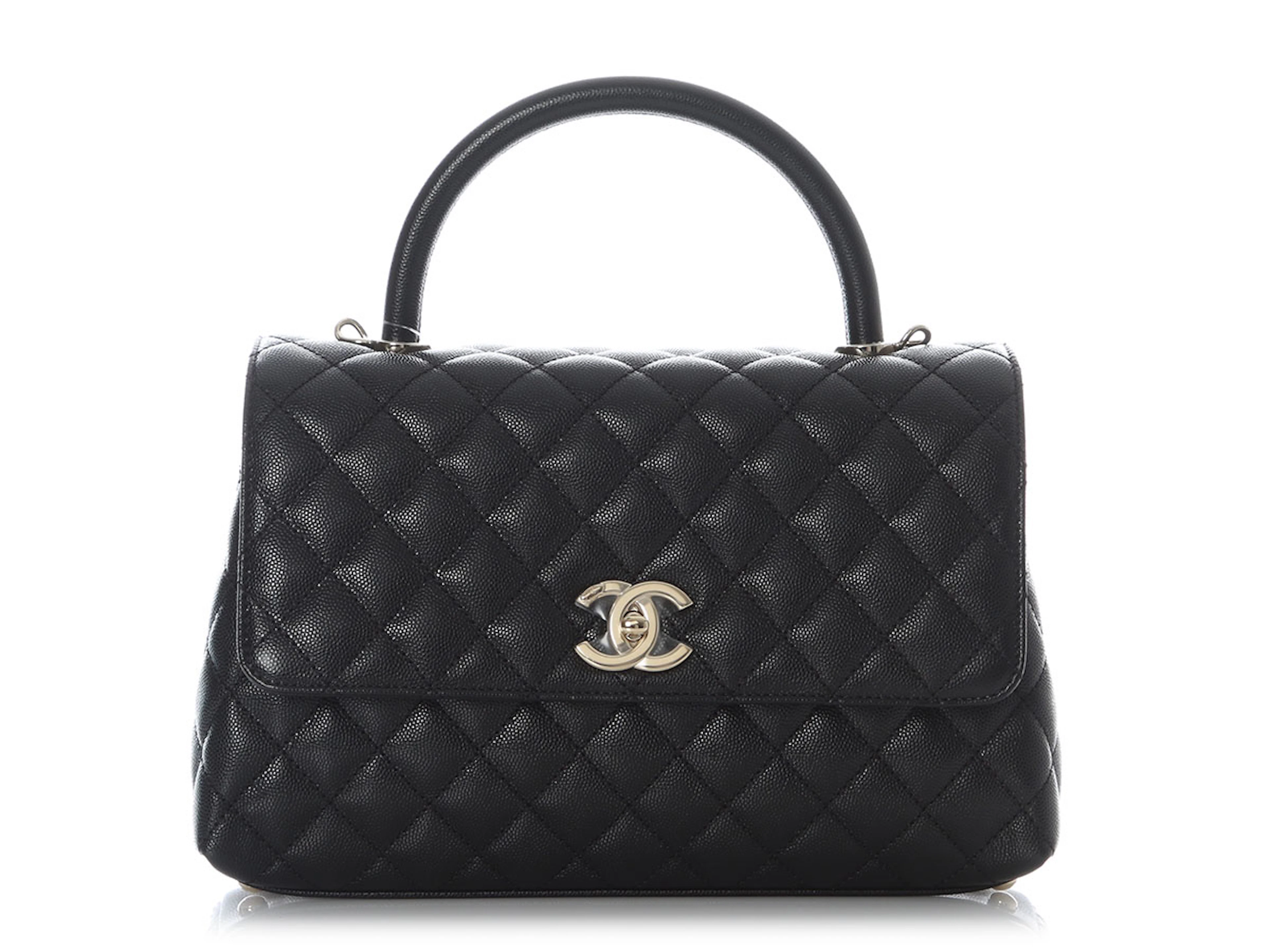 Black Quilted Caviar Medium Coco Top Handle Flap Bag Light Gold Hardware, 2021